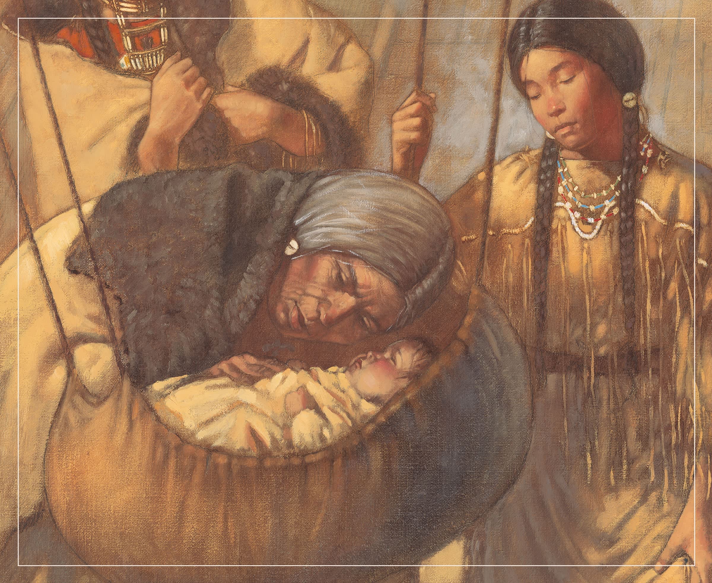 Illustration of Kaya with her grandmother and a baby