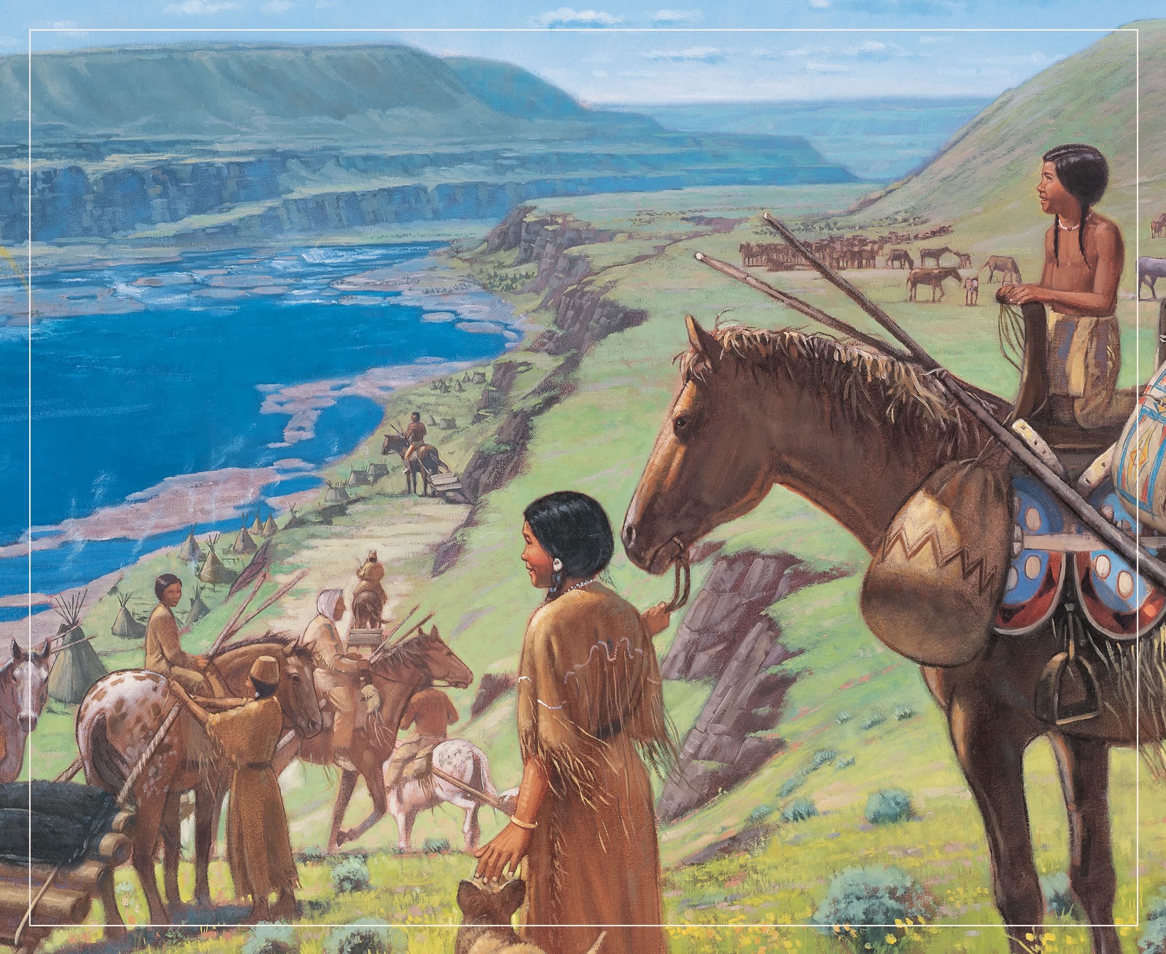 Illustration of Kaya leading her horse on a trail along with several other people and horses