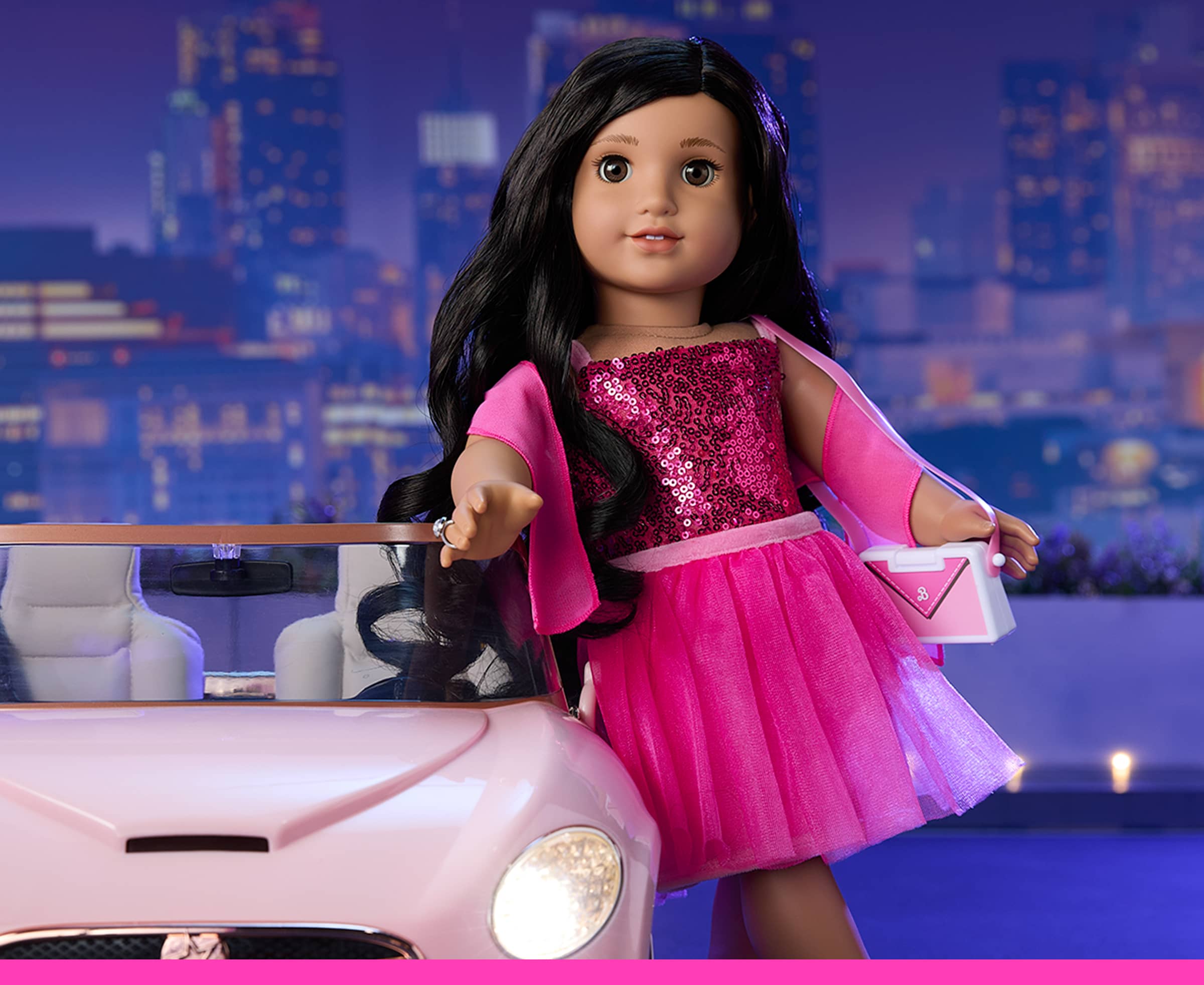 American Girl doll leaning against a car