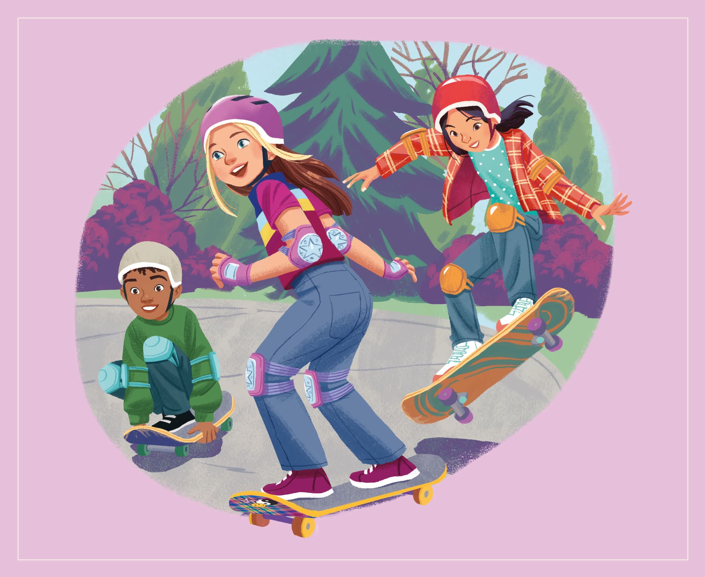 Isabel and Nicki Hoffman skateboarding with a friend