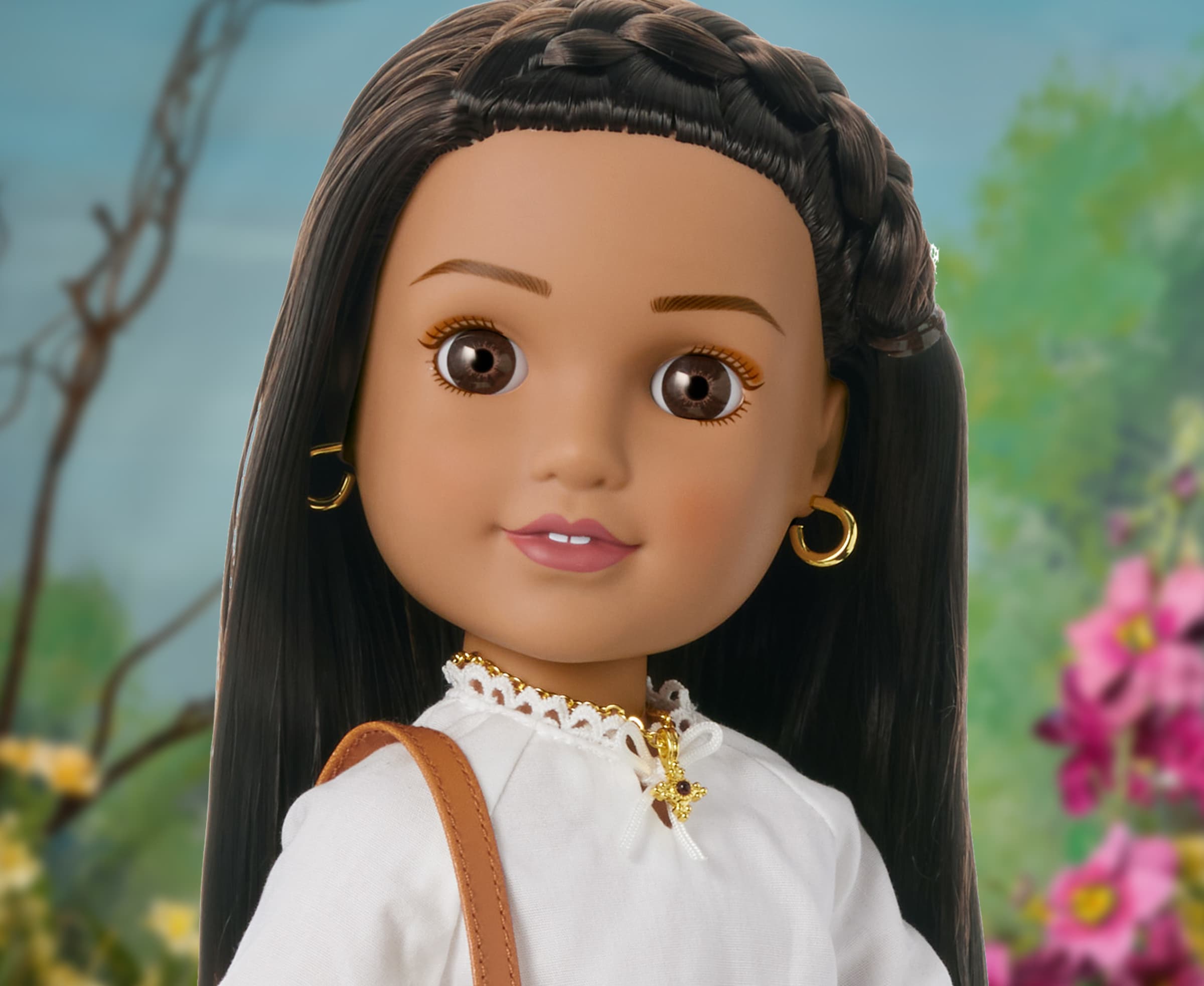 Close up image of Modern Era American Girl doll, Josefina, smiling