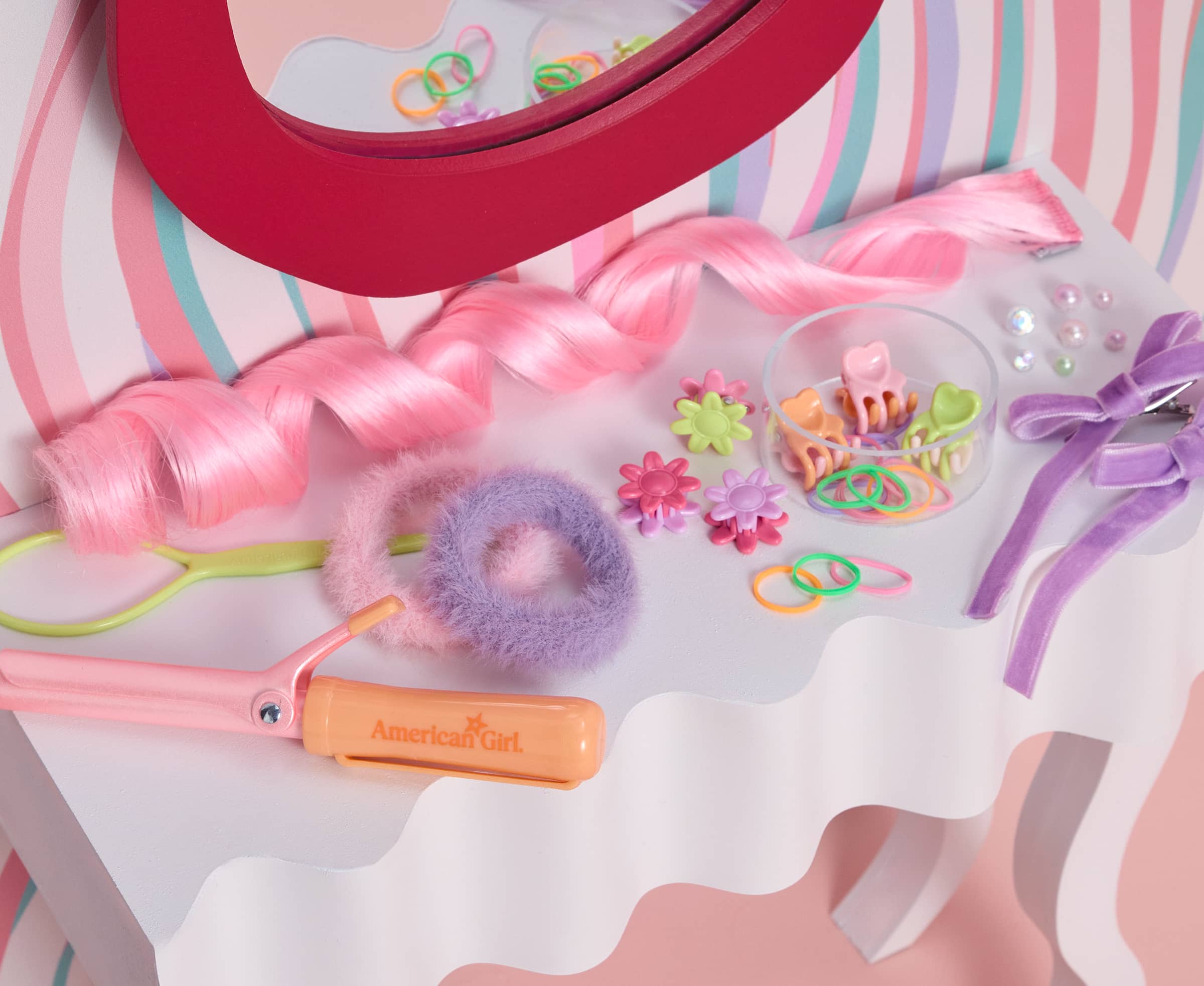 Long Hair Looks accessories on a vanity table