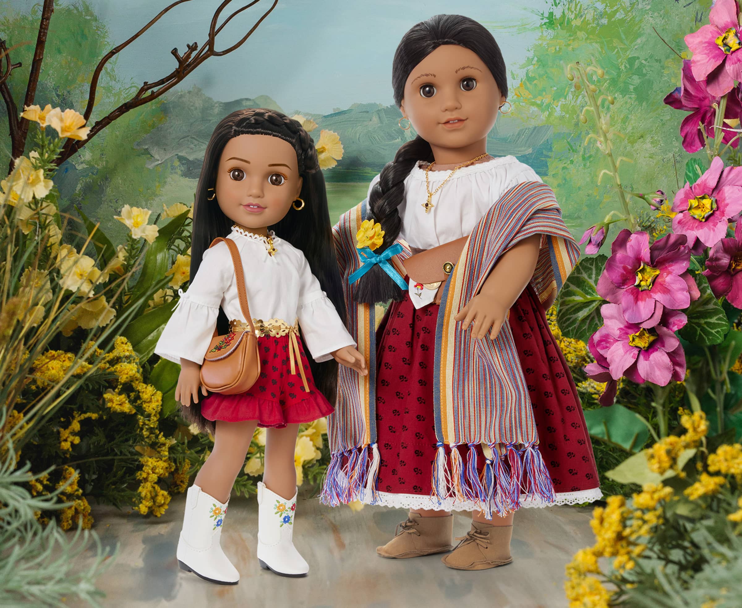 American Girl Josefina doll, standing next to Modern Era Josefina