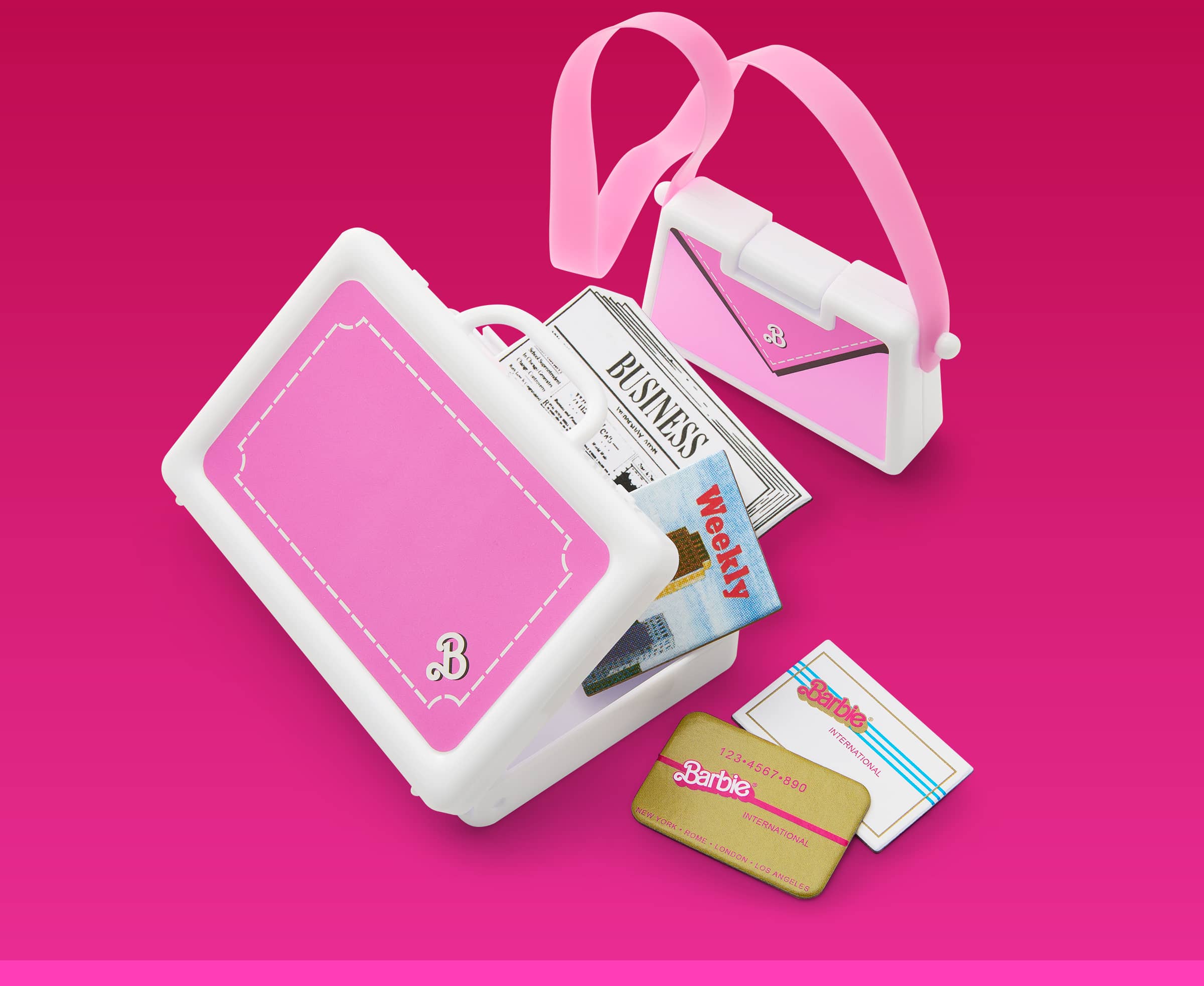 Doll briefcase, purse, and newspaper