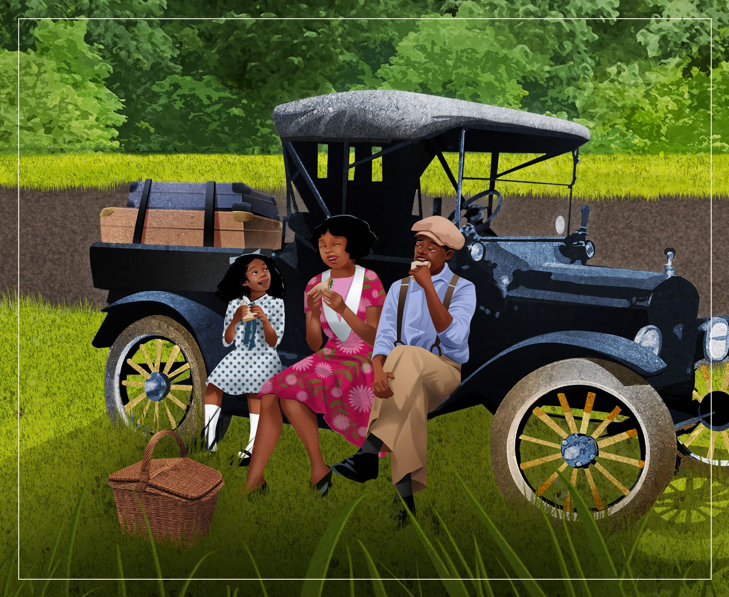 Illustration of Claudie Wells and her mom and dad sitting on their 1920s vehicle and eating