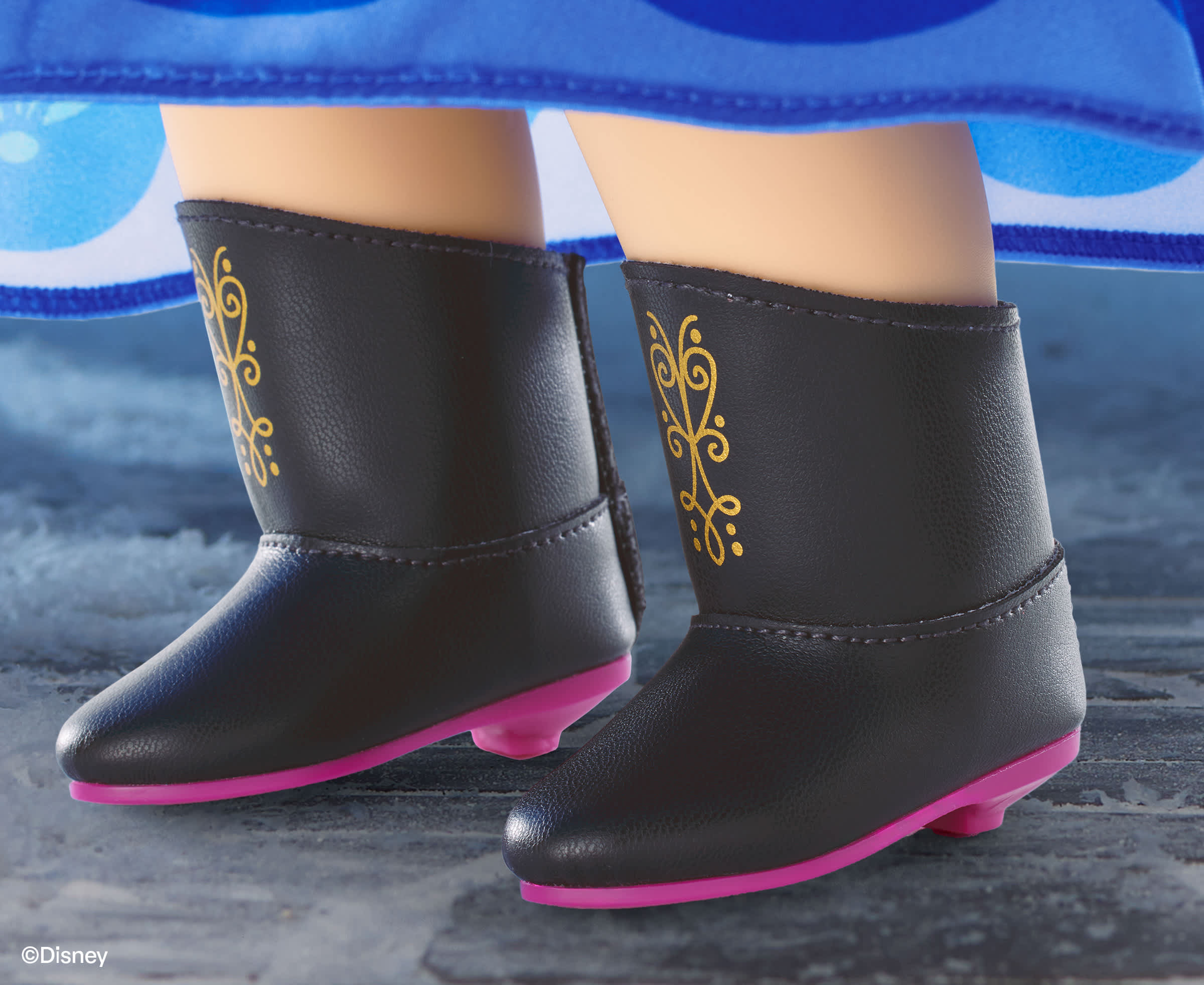 Close-up detail on Anna's boots