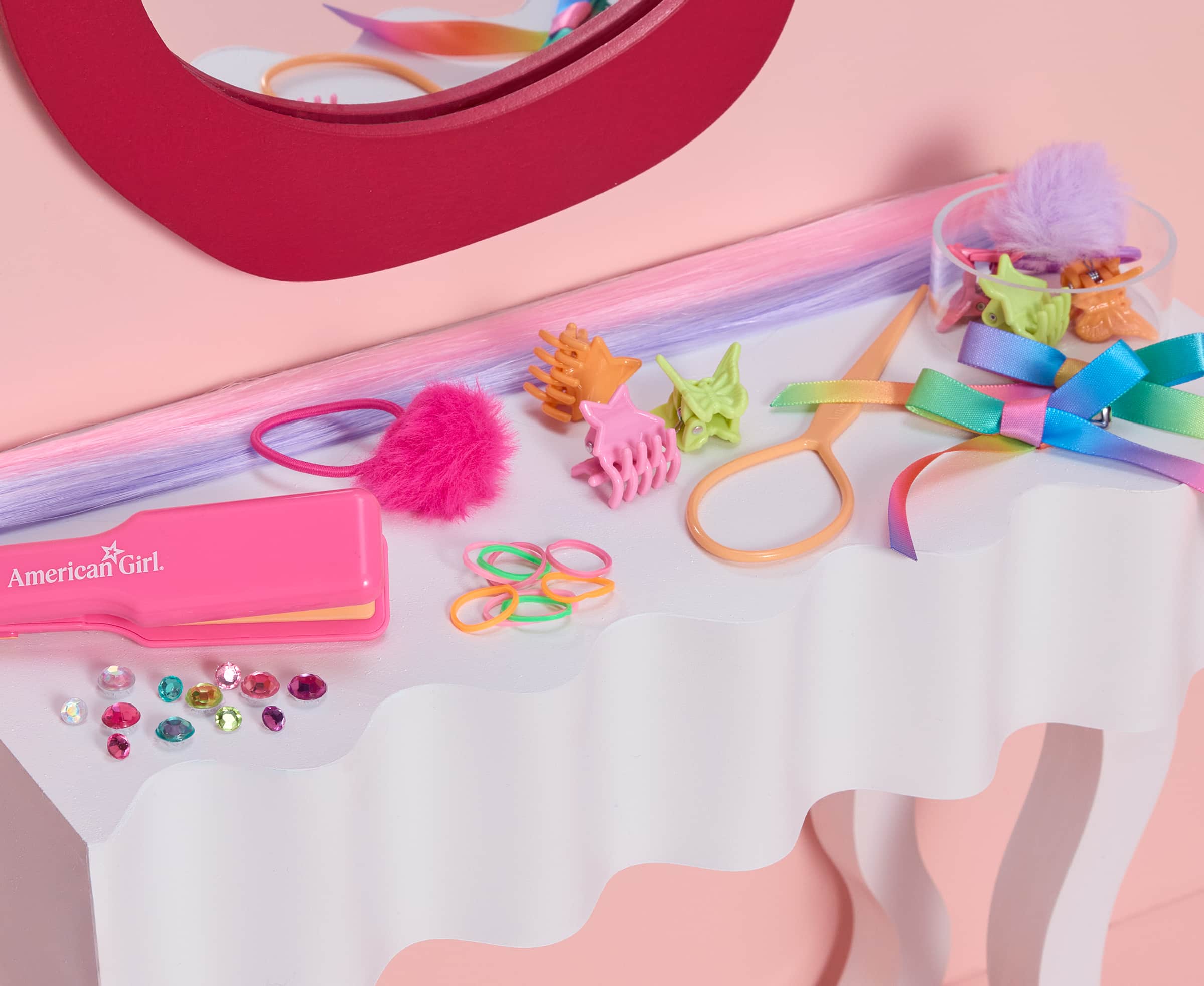 Long Hair Looks accessories on a vanity table
