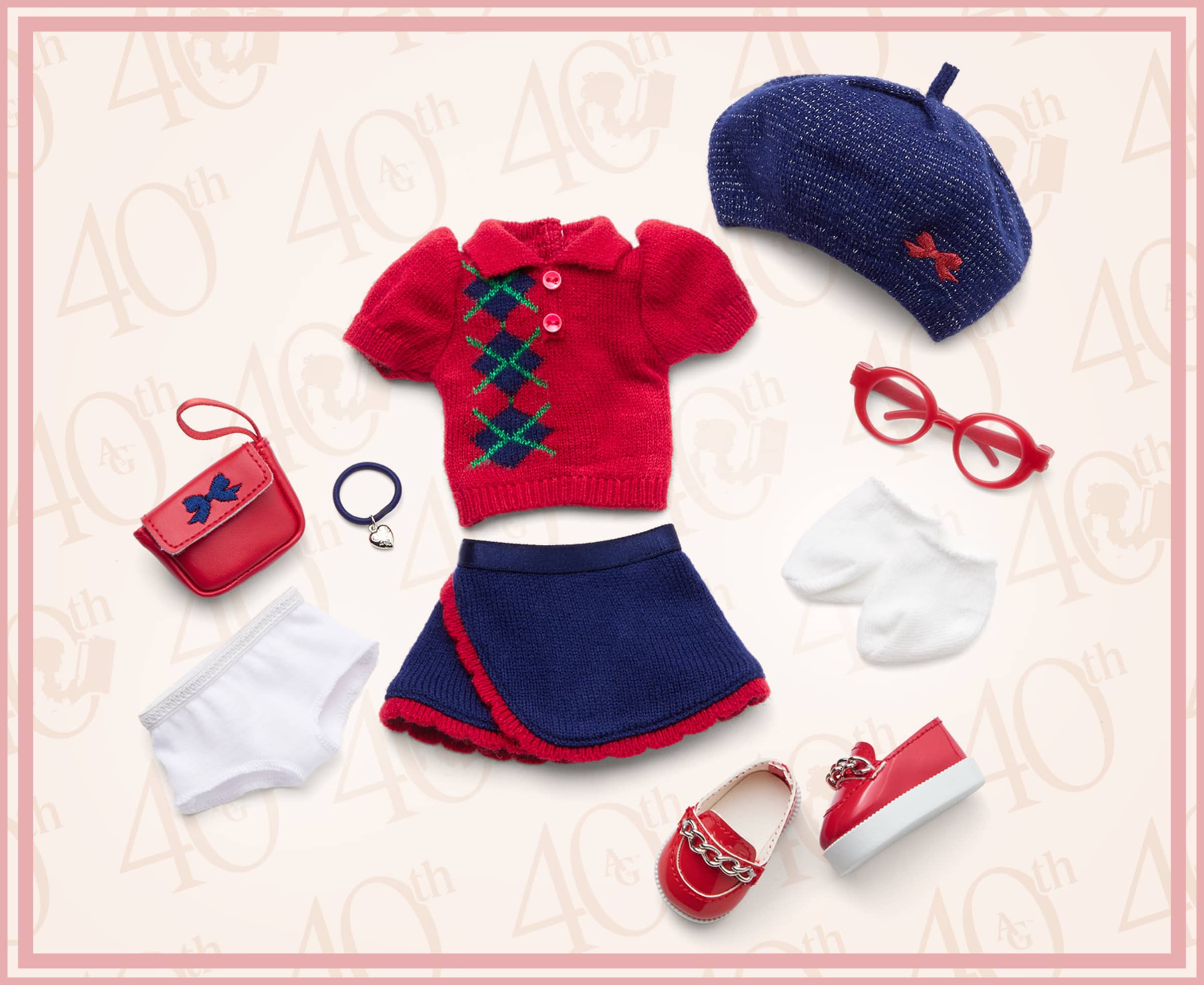 Modern Era Molly's outfit including a blue and red skirt, red top, socks, bag, beret hat, bracelet, glasses and underwear