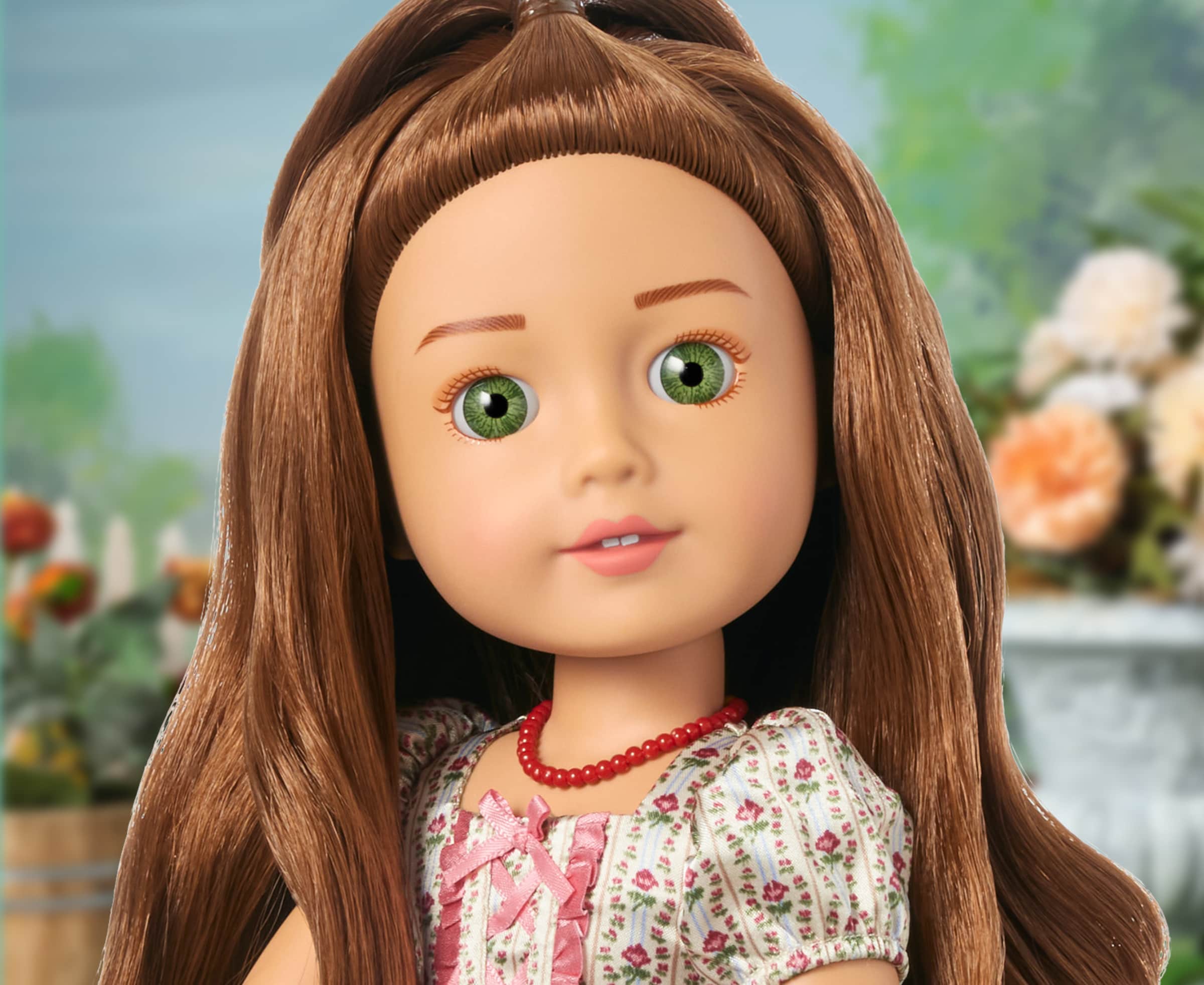 Close up image of Modern Era American Girl doll, Felicity, smiling