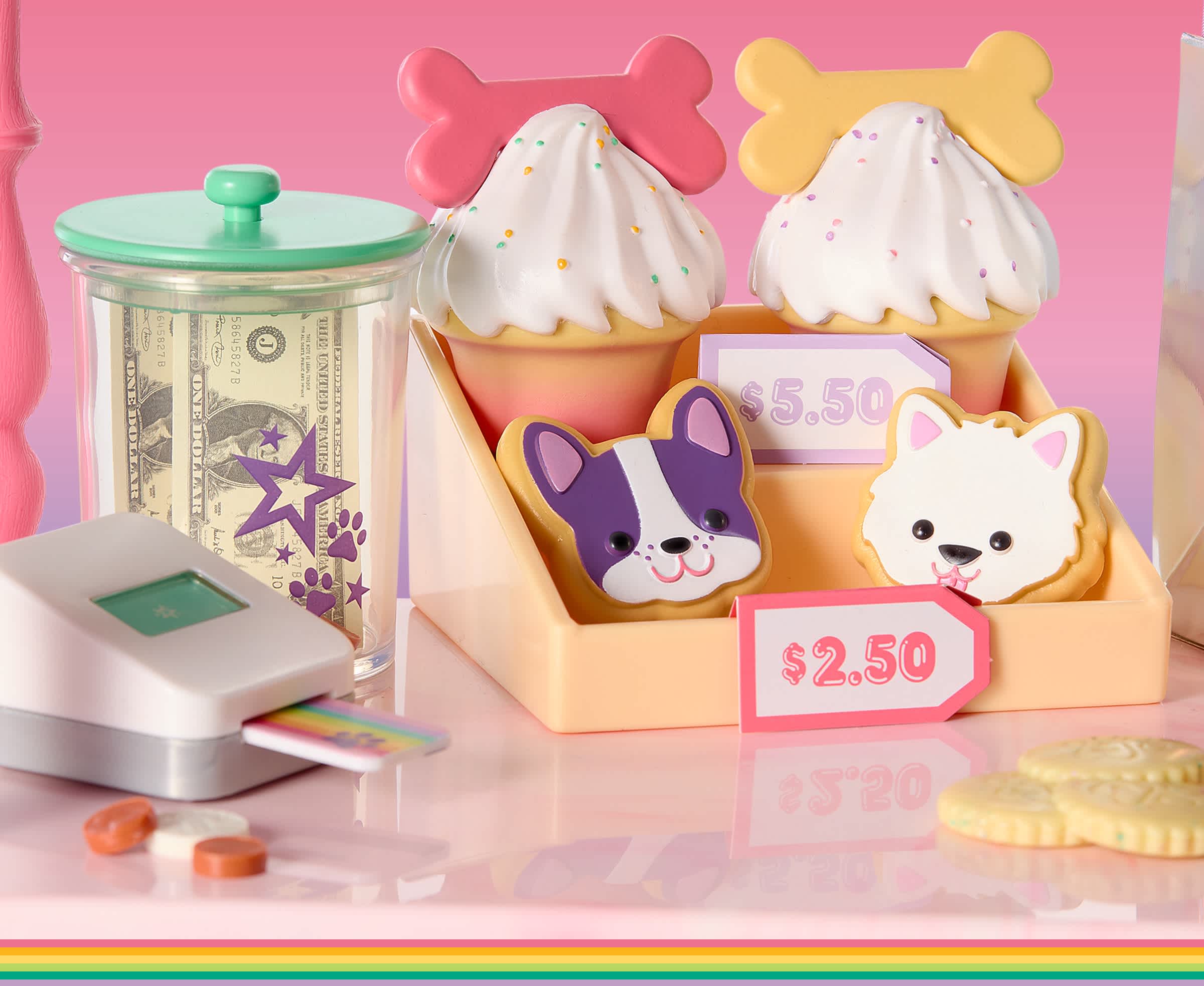 Detailed look at treat cart register, card reader, and pretend food
