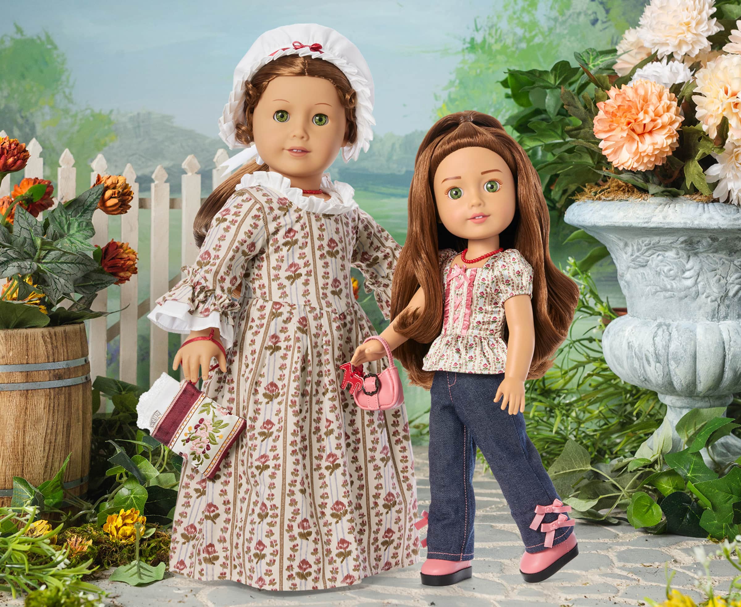 American Girl Felicity doll, standing next to Modern Era Felicity