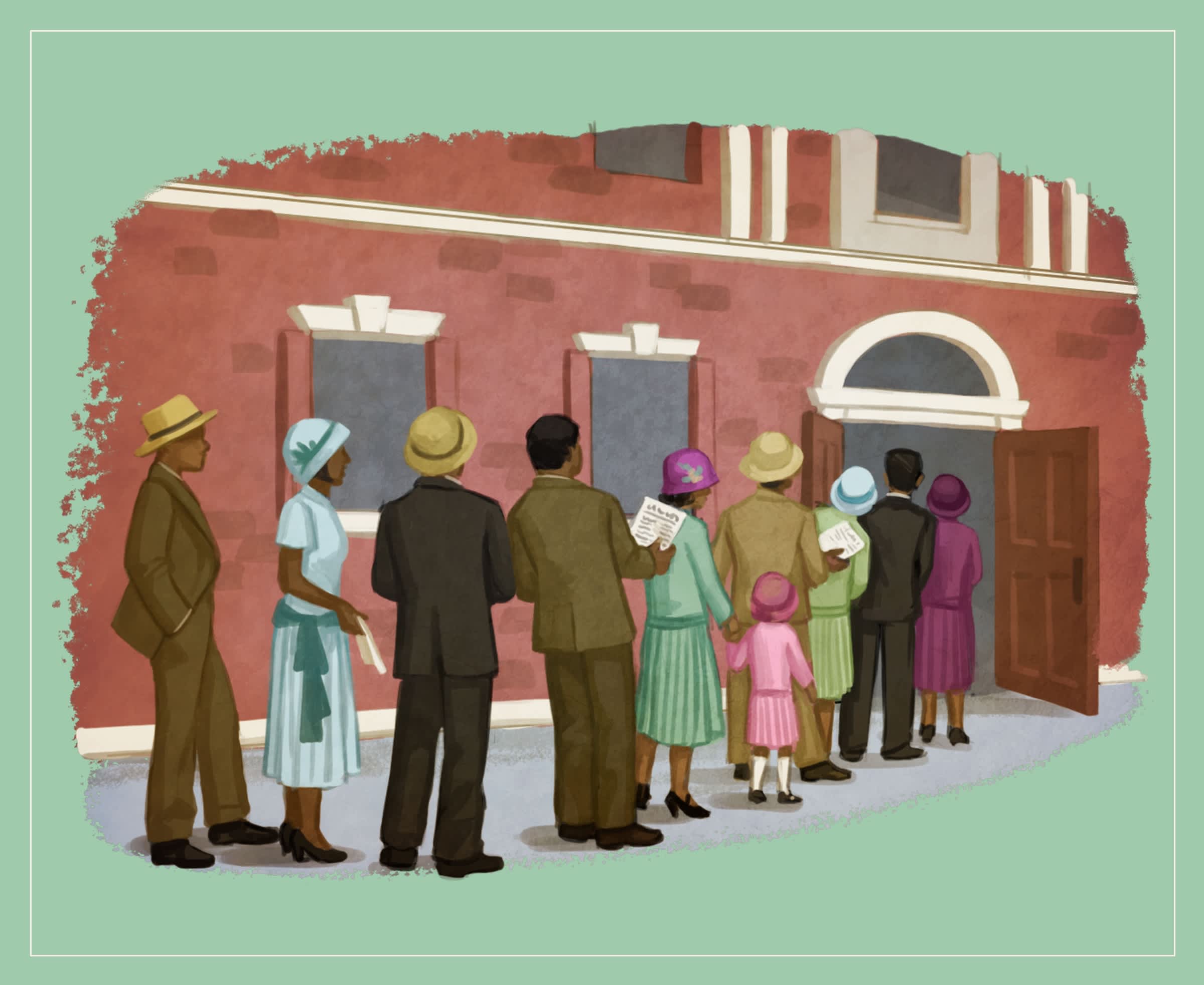 An illustration of several people waiting in line, including Claudie Wells, to enter a brick building
