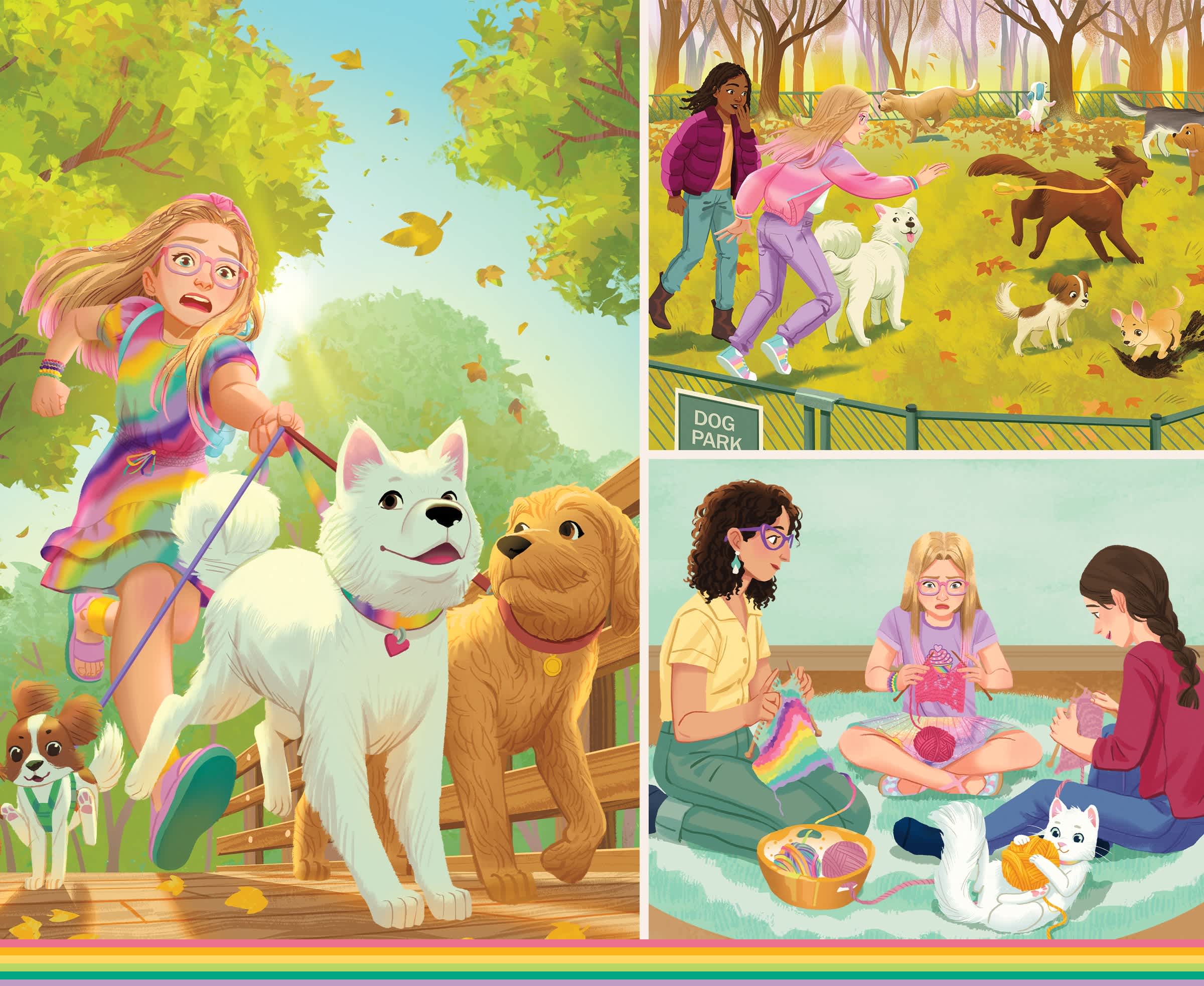 Illustrated images of Summer McKinny playing with dogs and knitting