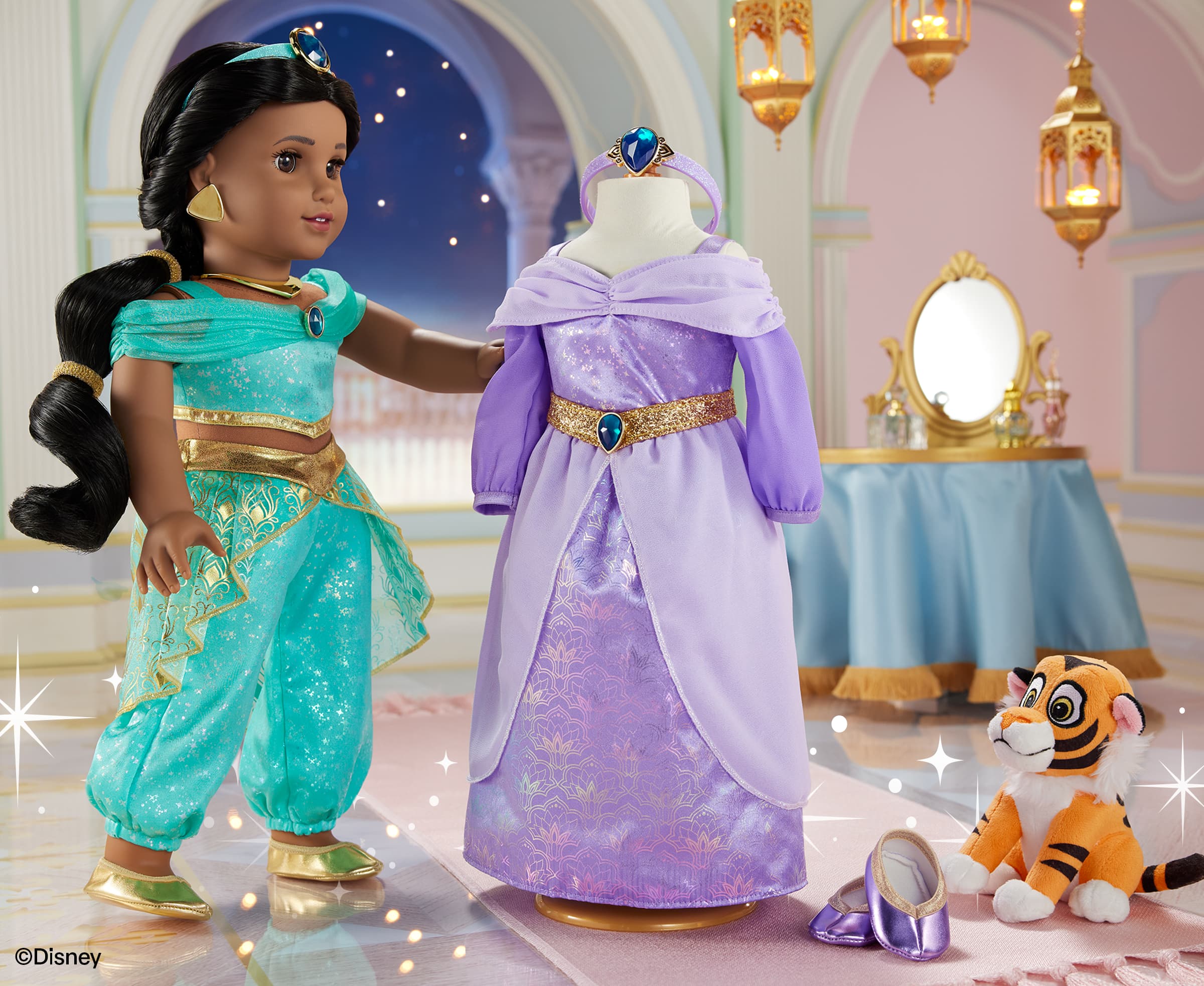 Jasmine American Girl doll standing beside light purple dress on stand