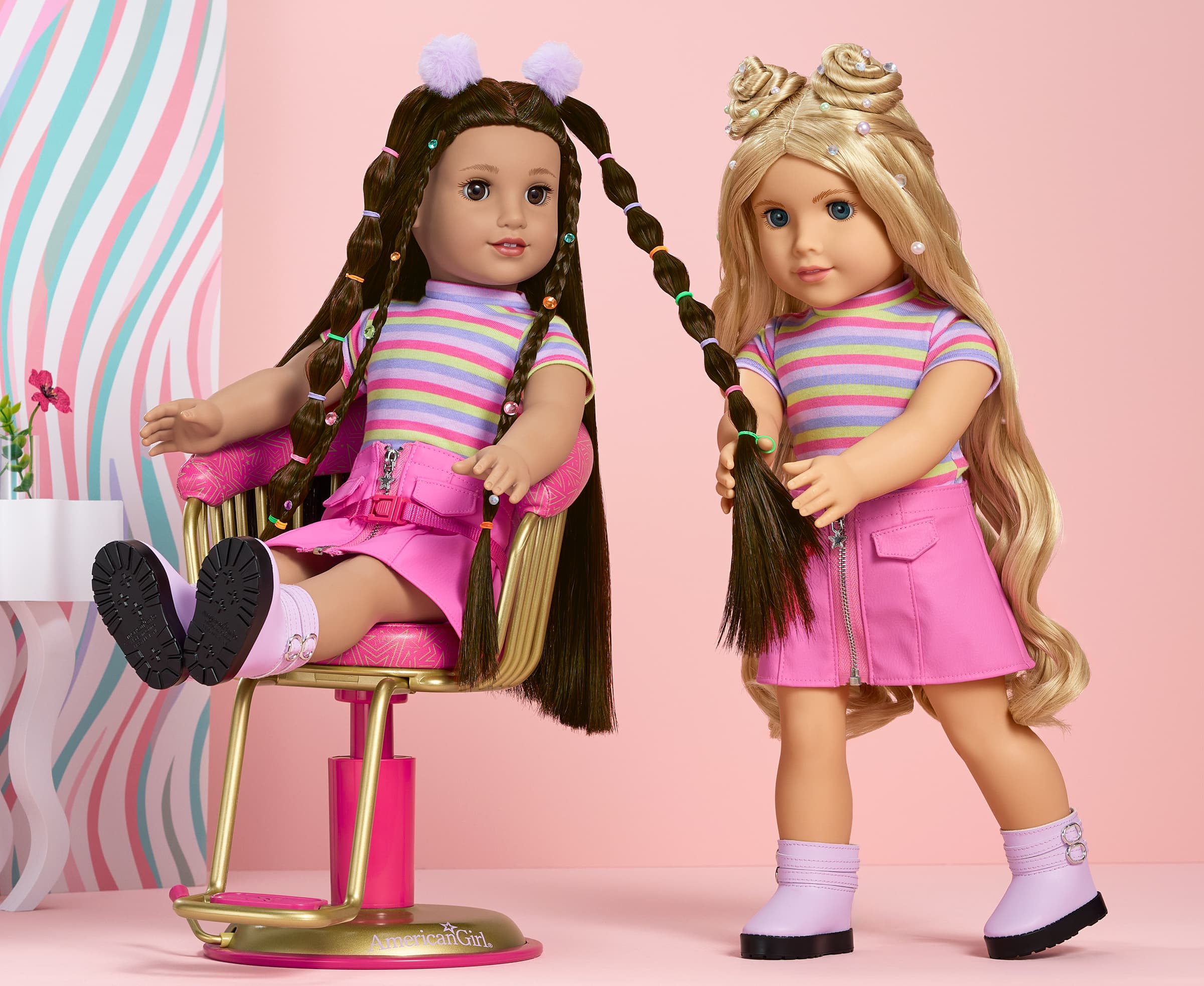 Two Long Hair Looks dolls styling their hair