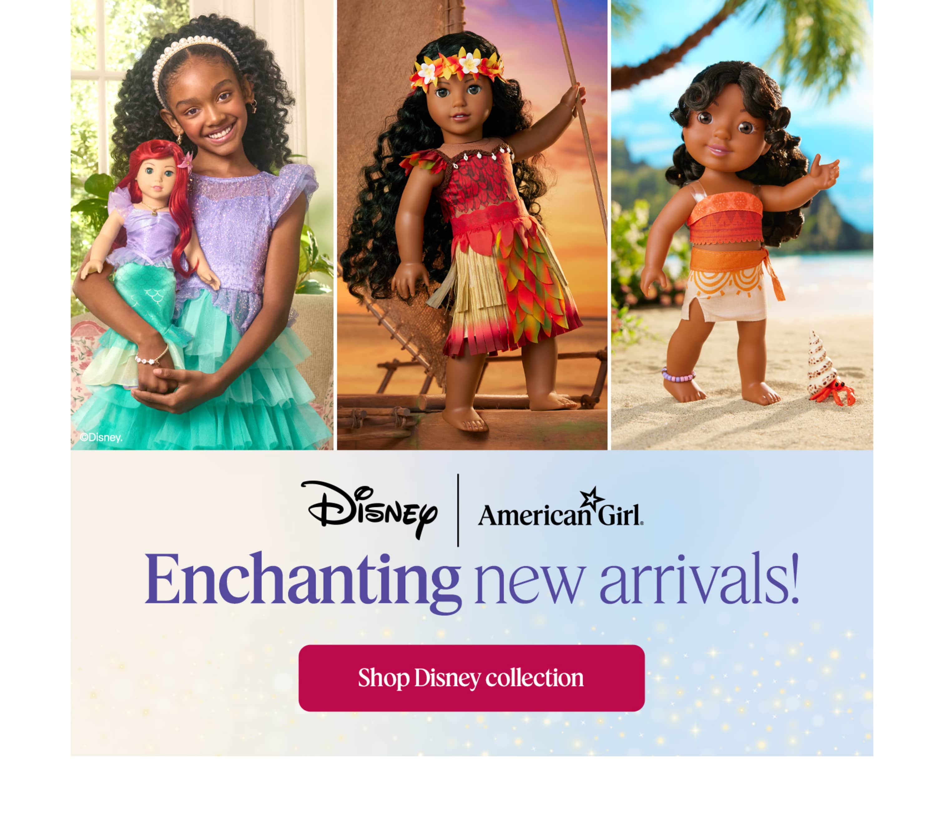 Shop Disney new arrivals, featuring the Disney Princess Ariel Dress for Girls, the Disney Moana Wayfinder Outfit & Sea Turtle Plush, and the Disney Moana 2 Simea Doll.