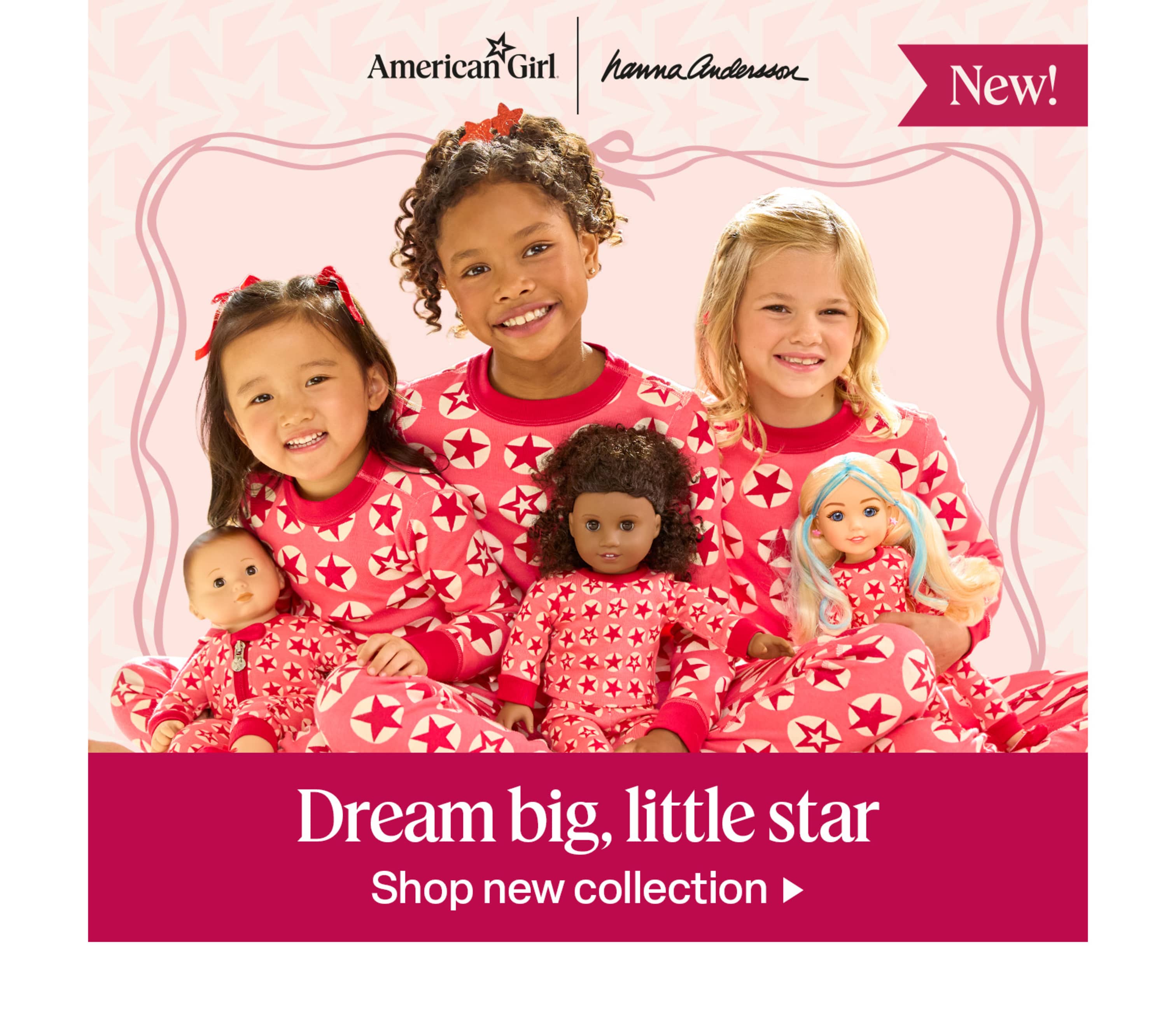 Three girls in Hanna Andersson pajamas with matching dolls.