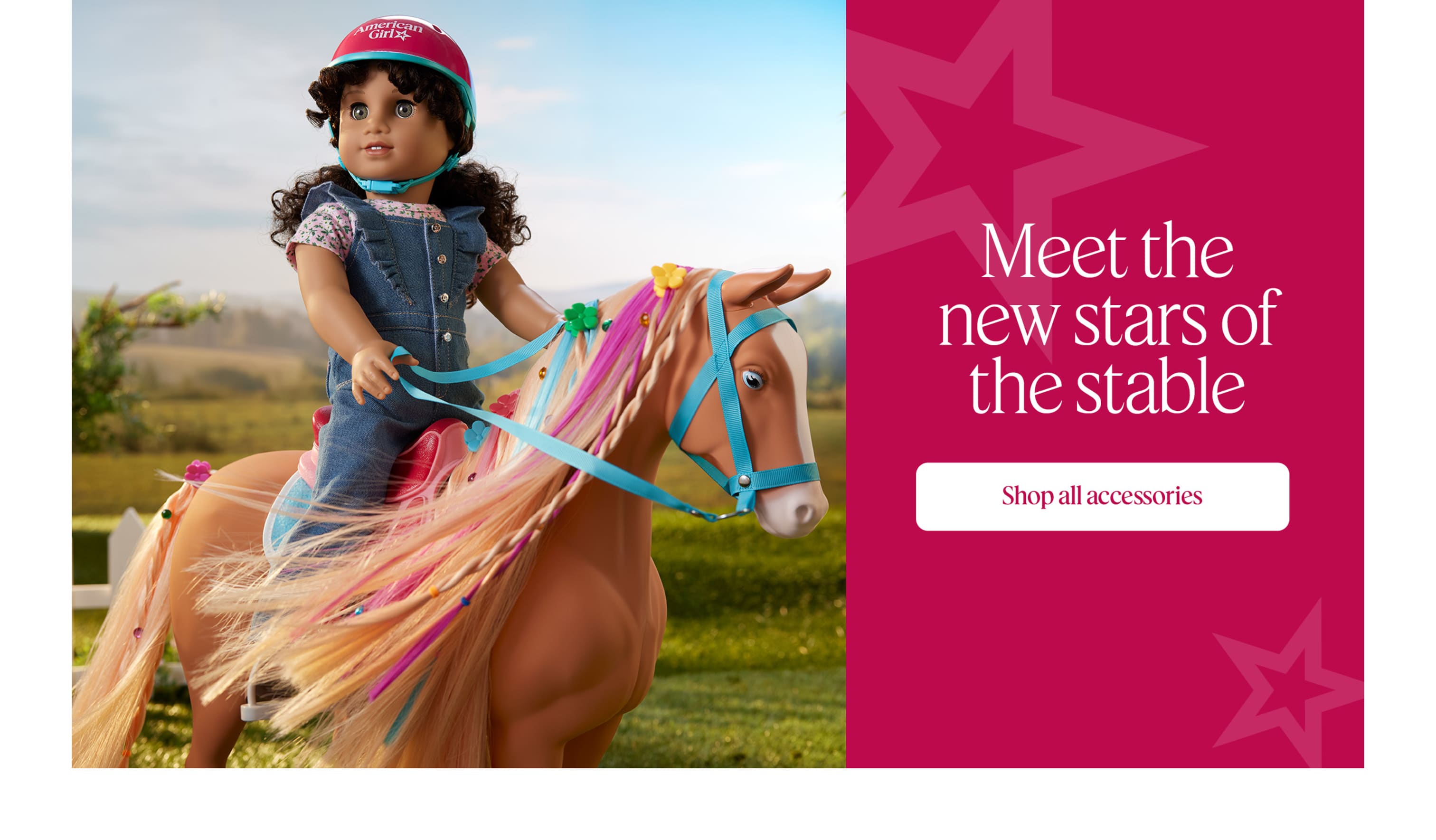 Truly Me™ doll wears the Western Flowers Jumpsuit while sitting in the saddle of the new Chestnut Charm horse. Banner reads “Meet the new stars of the stable.