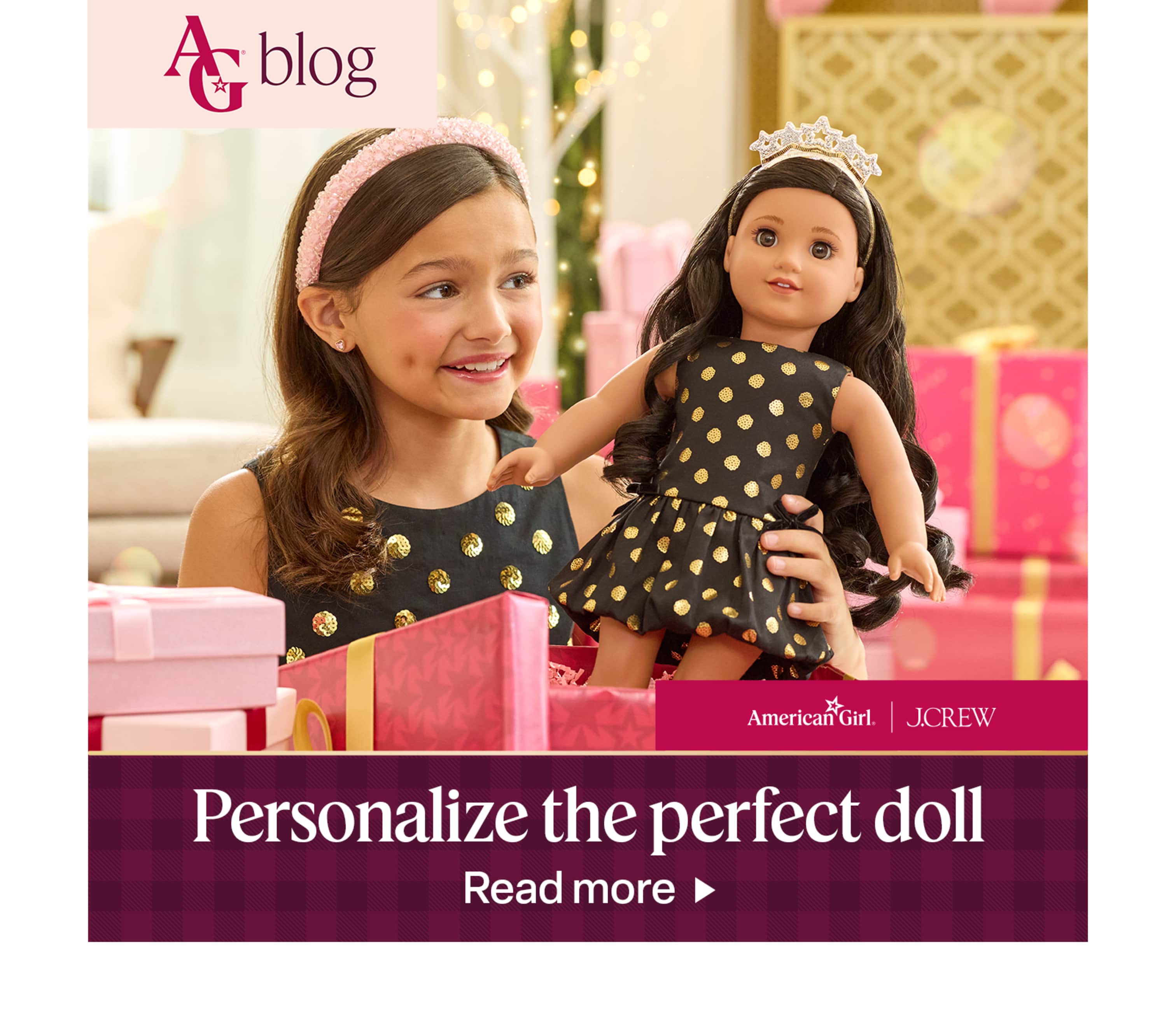 Girl in matching polka dot dress with her doll with text 'Personalize the perfect doll'