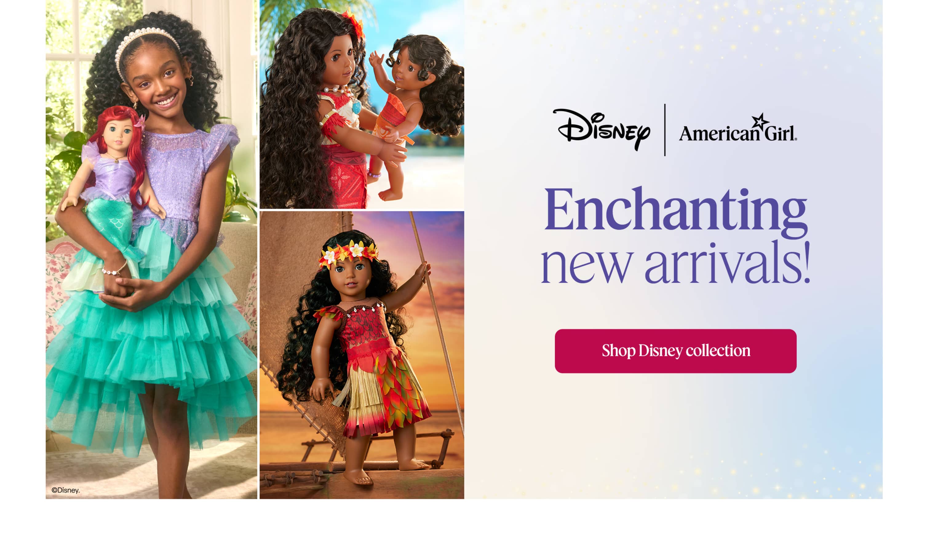 Shop Disney new arrivals, featuring the Disney Princess Ariel Dress for Girls, the Disney Moana Wayfinder Outfit & Sea Turtle Plush, and the Disney Moana 2 Simea Doll.