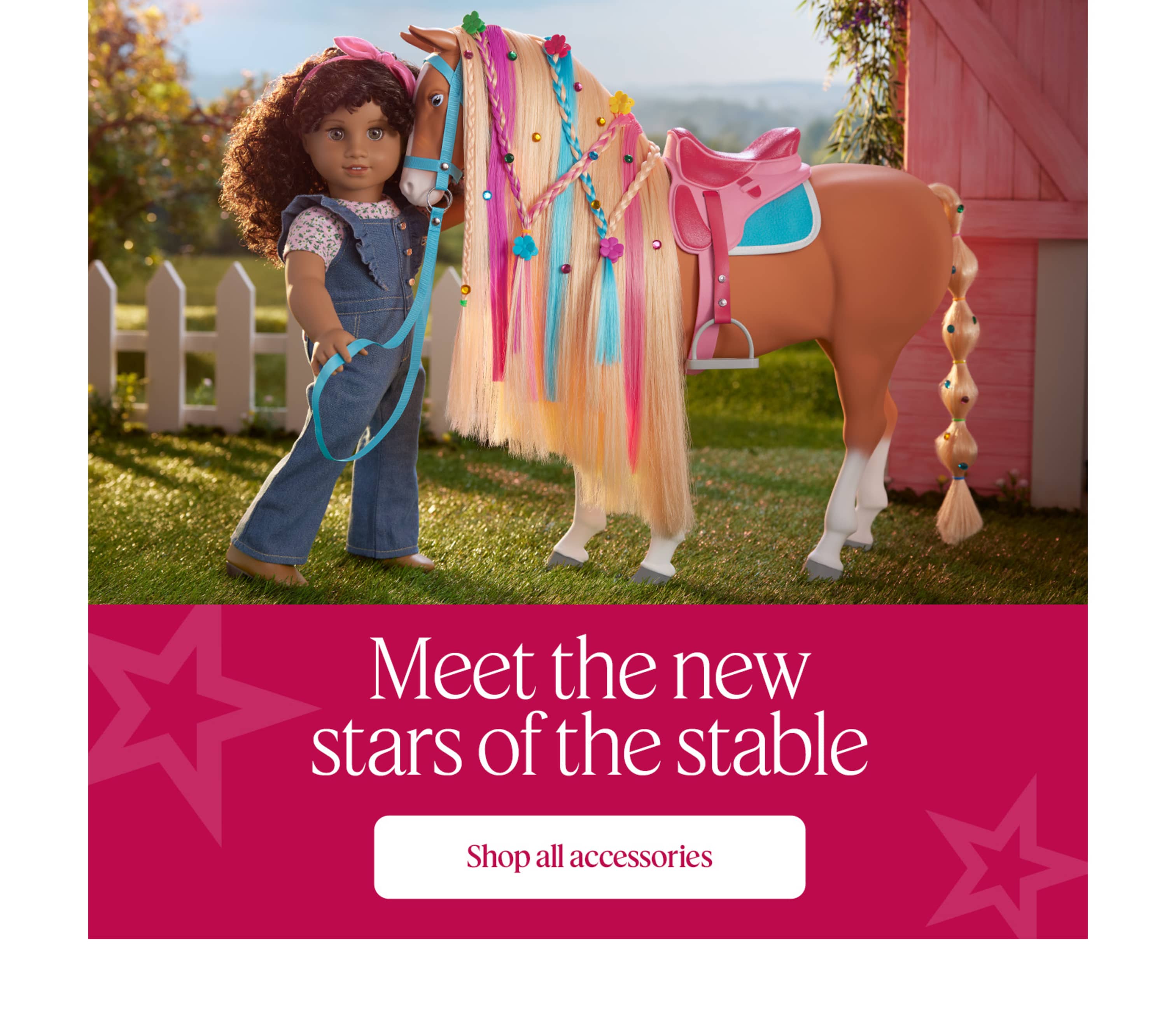 Truly Me™ doll wears the Western Flowers Jumpsuit while sitting in the saddle of the new Chestnut Charm horse. Banner reads “Meet the new stars of the stable.