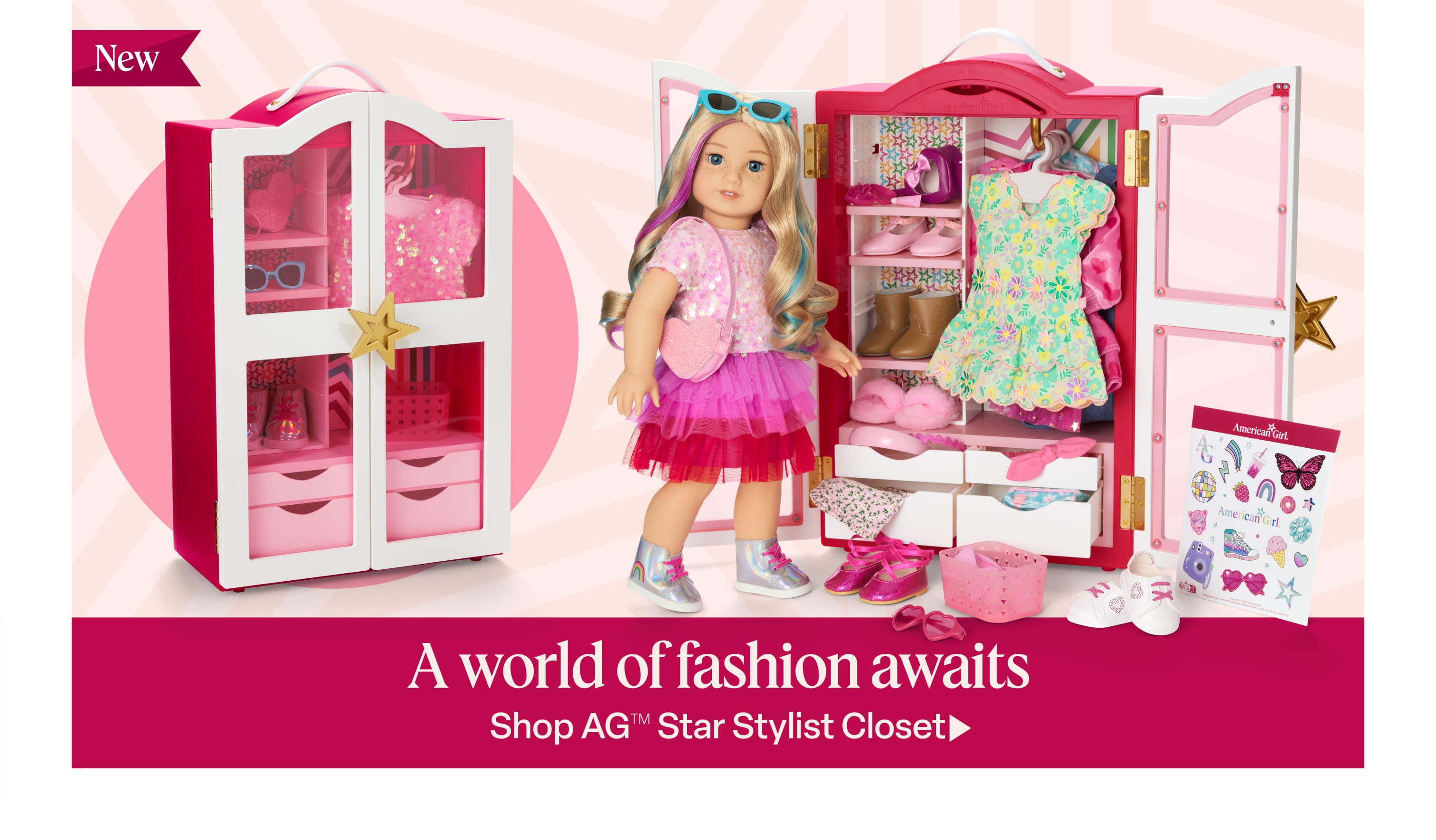 Truly Me™ 18-inch doll with AG™ Star Stylist Closet including colorful outfits, shoes, and styling accessories.