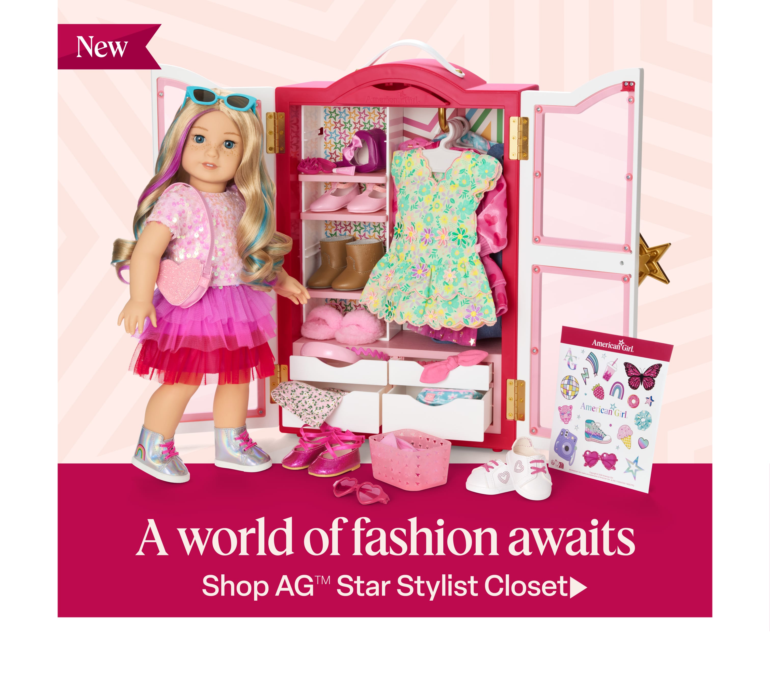 Truly Me™ 18-inch doll with AG™ Star Stylist Closet including colorful outfits, shoes, and styling accessories.