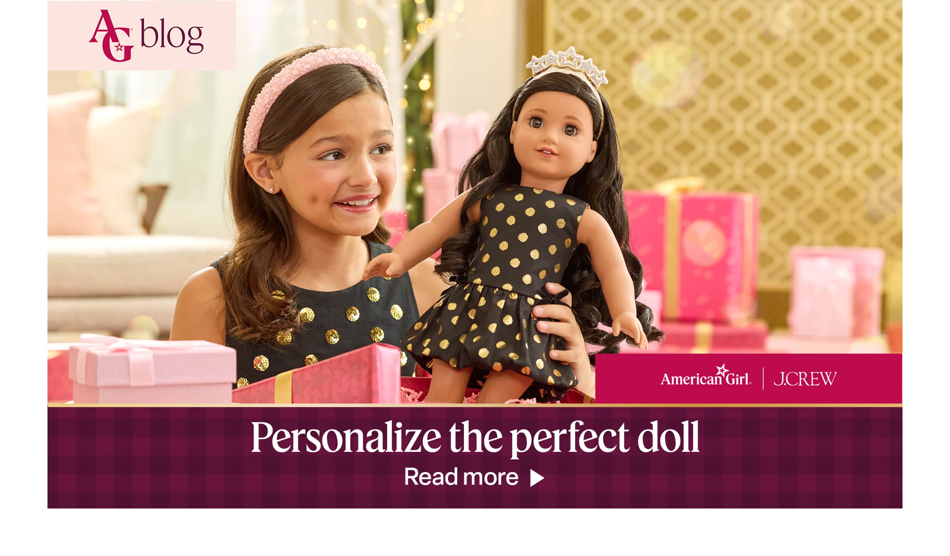Girl in matching polka dot dress with her doll with text 'Personalize the perfect doll'