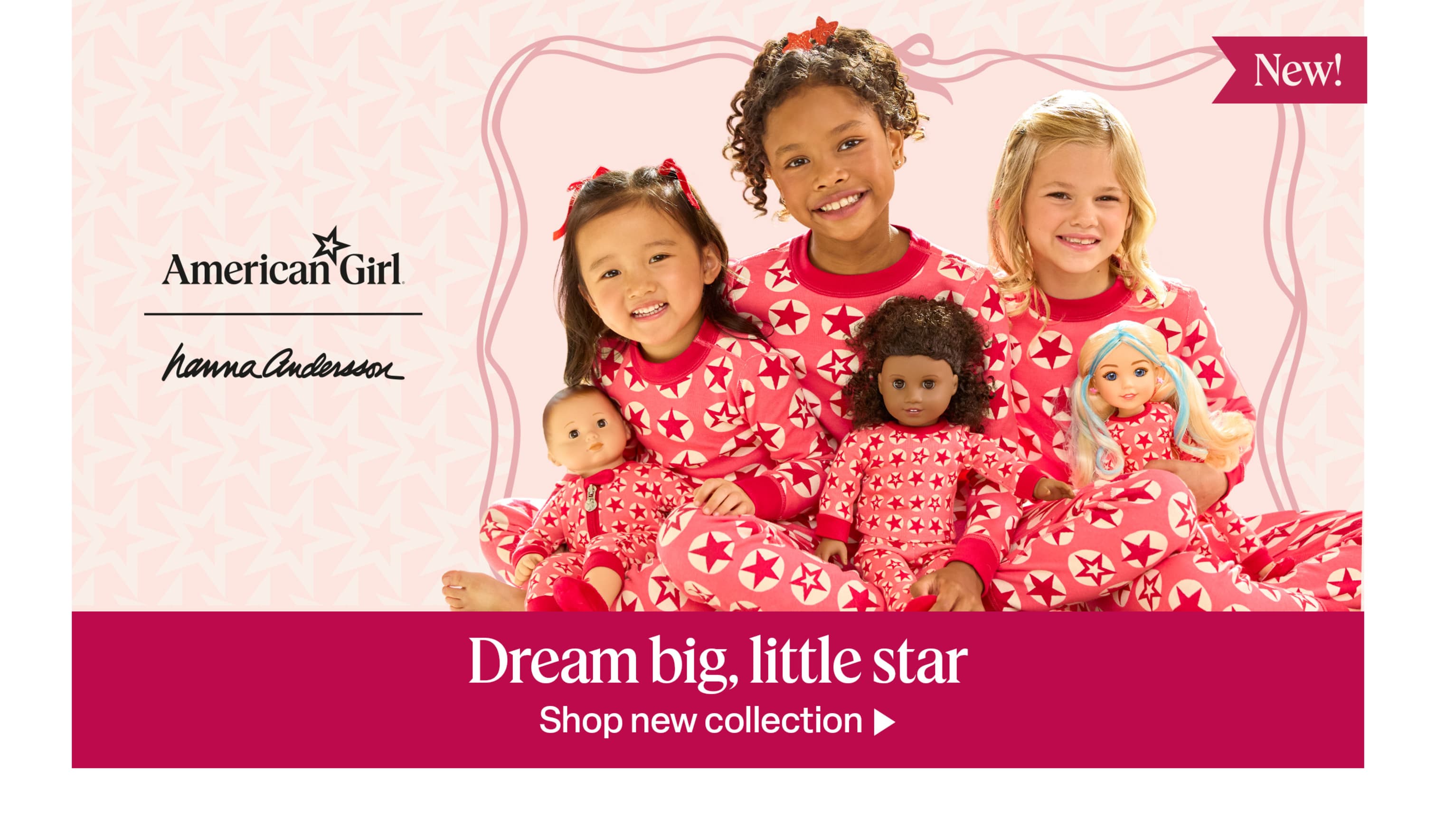 Three girls in Hanna Andersson pajamas with matching dolls.