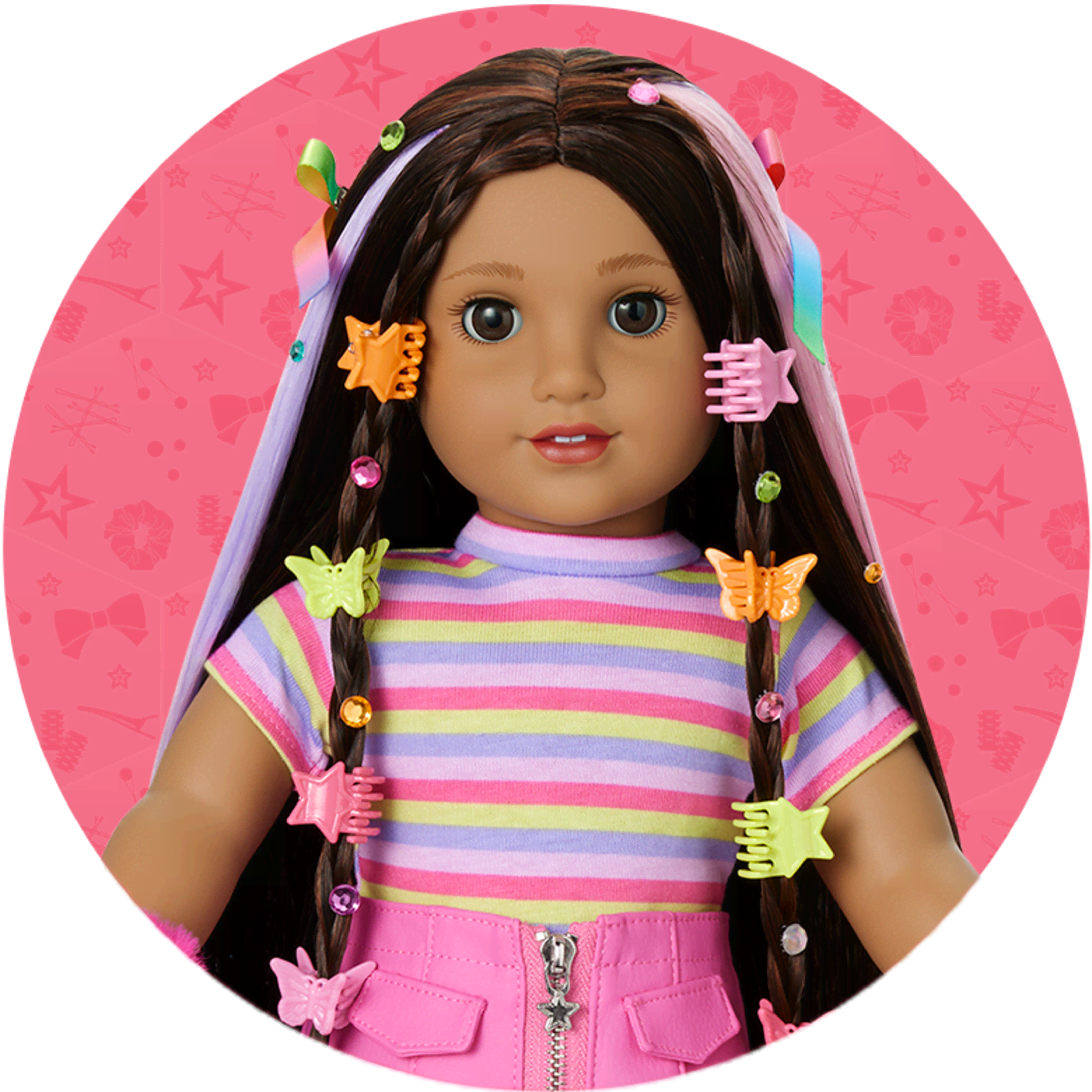 Long Hair Looks doll wearing butterfly hair clips, colored extensions, and hair gems