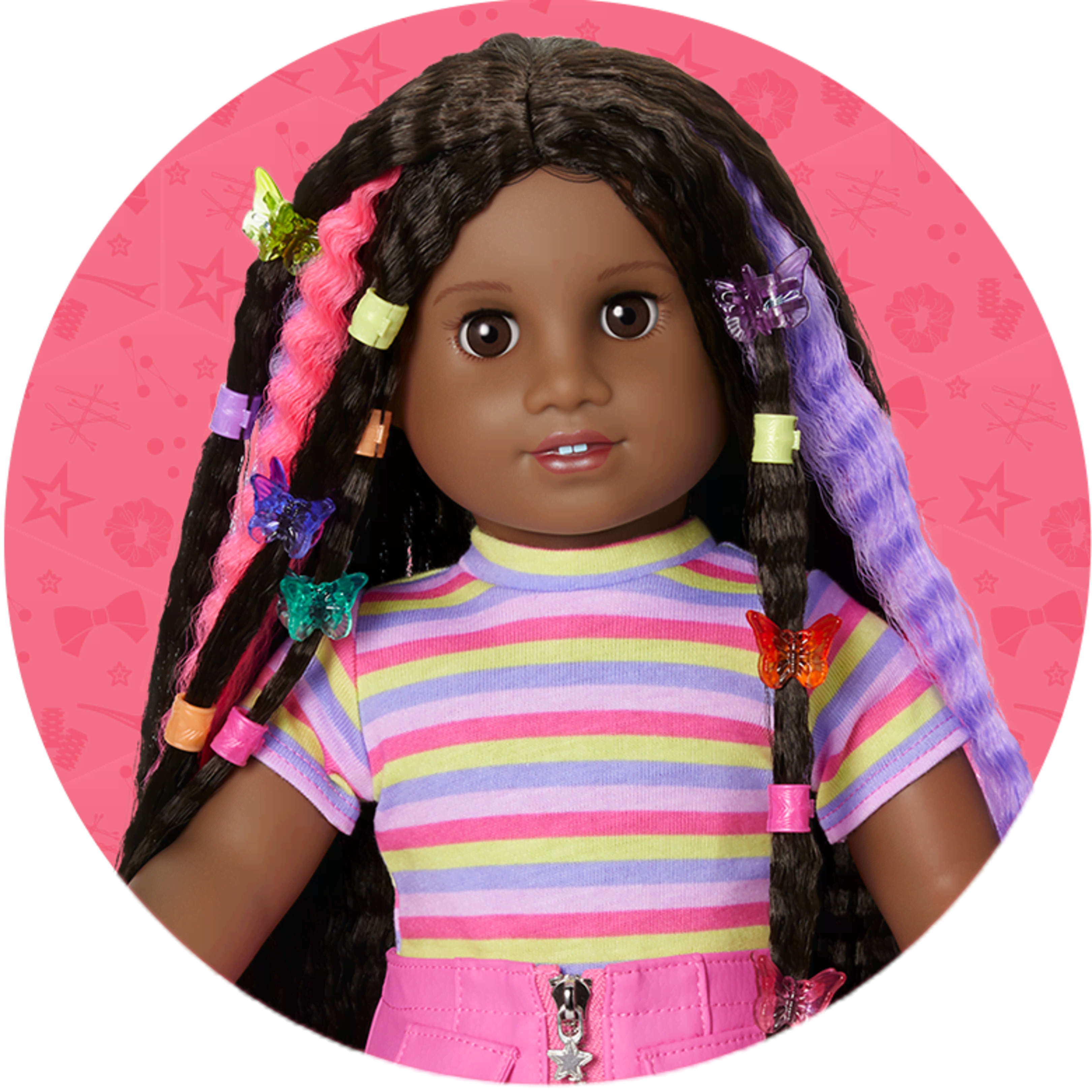 Long Hair Looks doll wearing clip in colored extensions and butterfly clips