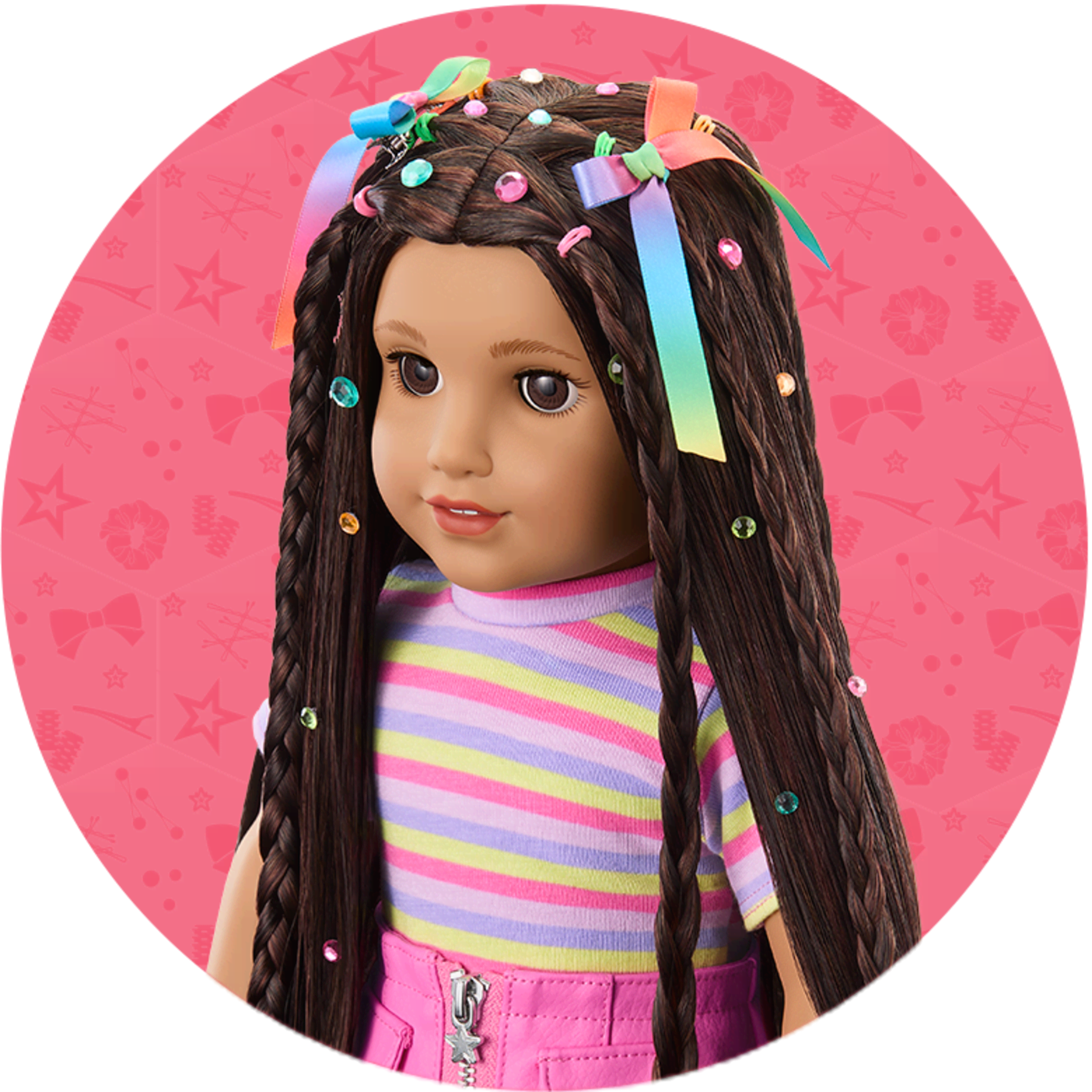 Long Hair Looks doll wearing mini braids and clip in bows