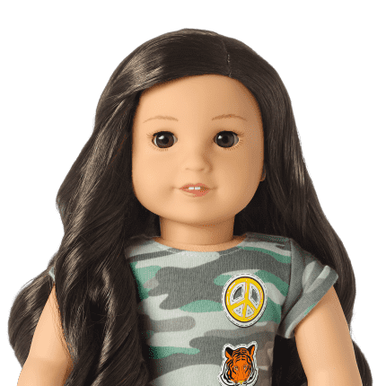 American Girl Truly Me 18 inch Doll 111 with Brown Eyes Black Brown Hair Light Skin Camo T Shirt Dress for Ages 6