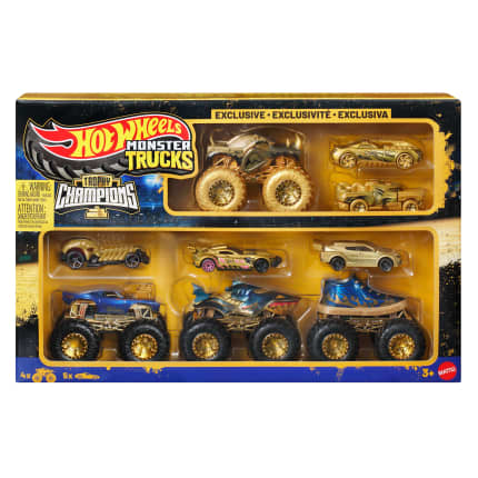 Hot Wheels Monster Trucks Bigfoot Trophy Şampiyonları Araçlar Paketi, 4 Adet 1:64 Ölçekli Oyuncak Kamyon Ve 5 Adet Metal Araba - Image 1 of 