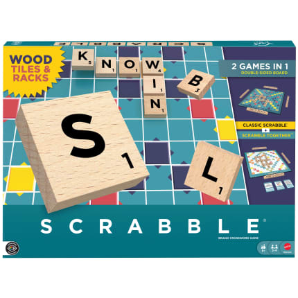Scrabble Board Game Family Word Game With Wood Tiles And Racks And Two Ways To Play For 2-4 Players - Image 1 of 6