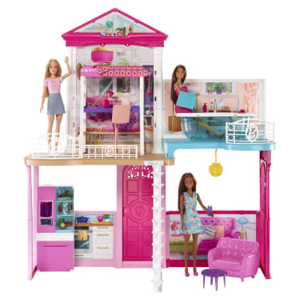 Barbie Poppenhuis Met 3 Poppen, Zwembad En Glijbaan, 4 Meubelsets En Accessoires - Image 1 of 6