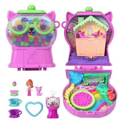 Polly Pocket Kaugummi-Kätzchen-Schatulle, Spielset Mit 1 Mikropuppe Und Haustier, Spielzeug Für Unterwegs Mit Obst-Zubehörteilen Und Fahrten - Image 1 of 6