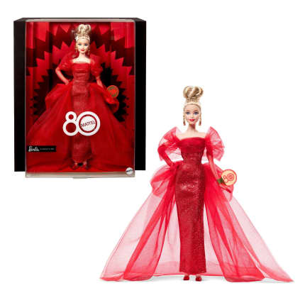 Barbie Signature, Bambola Da Collezione, 80 Anniversario Mattel, Abito in Tulle Rosso Scintillante, Bionda - Image 1 of 6