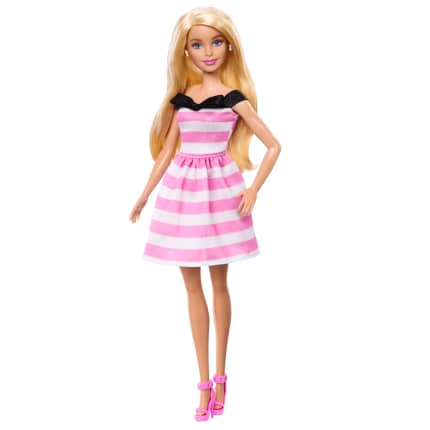 Barbie-Modepuppe Mit Blonden Haaren Zum Feier Des 65-Jährigen Jubiläums, Pink Gestreiftes Kleid Und Accessoires - Image 1 of 6