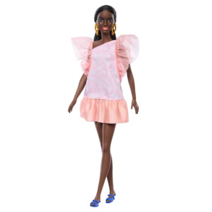 Barbie Fashionistas Puppe Nr. 216 Mit Großem Körperbau, Schwarzen Glatten Haaren Und Apricotfarbenem Kleid, 65-Jähriges Jubiläum - Imagen 1 de 6