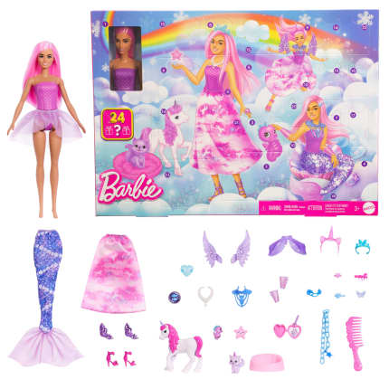 Barbie Advent Calendar With Fashion Doll & 24 Surprise Toy Accessories including Unicorn & Pets - Imagen 1 de 6