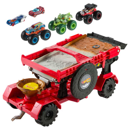 Hot Wheels Monster Trucks Downhill Race & Go Playset With 3 Toy Trucks & 2 Cars in 1:64 Scale - Image 1 of 