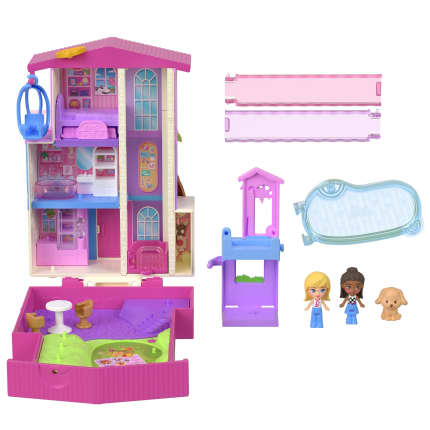 Polly Pocket Dreamhouse Compact Playset With Micro Barbie & Brooklyn Dolls, Puppy, Pool & Accessories - Image 1 of 