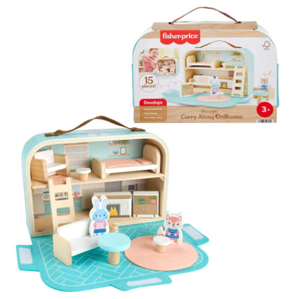 Fisher-Price Wooden Carry Along Dollhouse Portable Playset For Preschool Kids, 15 Pieces - Image 1 of 6