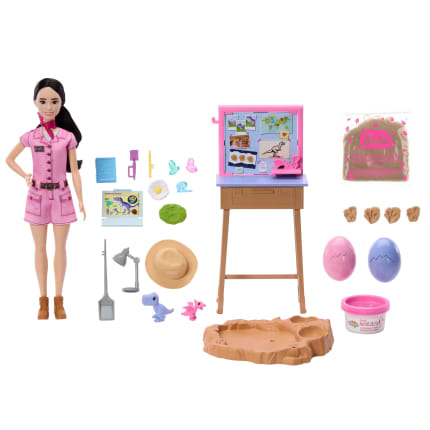 Barbie Careers Fashion Doll, Stem Paleontologist With Baby Dino, Themed Outfit, Dough & Sand Playset - Image 1 of 6