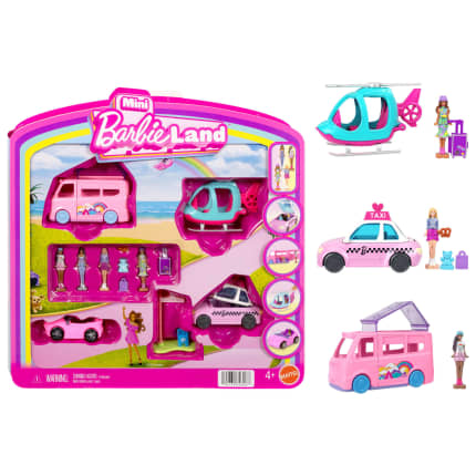 Barbie Mini Barbie Land 4-Pack Doll & Vehicle Set, 4 1.5-Inch Dolls, 4 Toy Vehicles & Accessories - Imagem 1 de 1