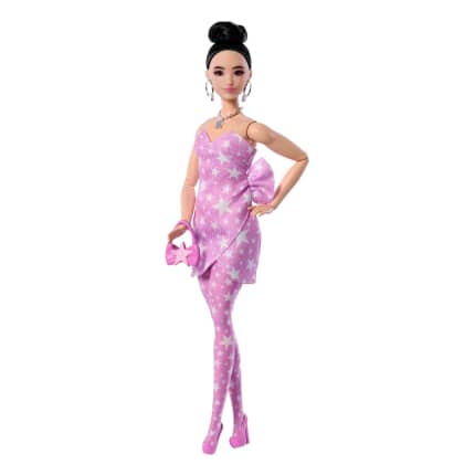 Barbie Deluxe Style Fashion Doll #11 in Pink Denim Star-Print Dress, Black Hair in Bun - Image 1 of 6