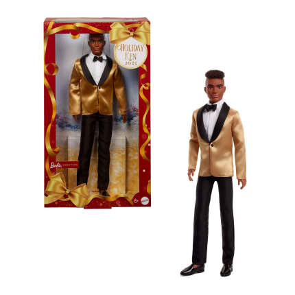 Barbie Signature 2025 Holiday Dark Brown Hair Ken Collectible Fashion Doll Wearing Full Suit With Golden Jacket - Image 1 of 6