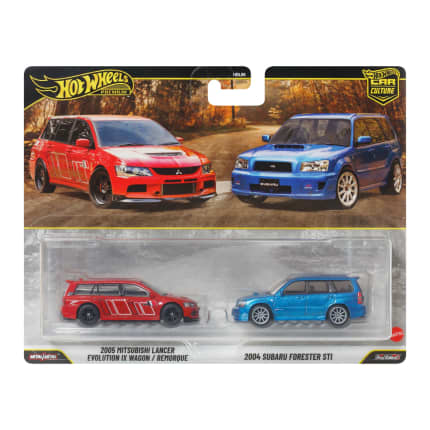 Hot Wheels Premium Kultowe auta 2-pak Mitsubishi Lancer Evolution IX Wagon + Subaru Forester Samochody 1:64 Zestaw autek Zabawki 3+ - Image 1 of 6
