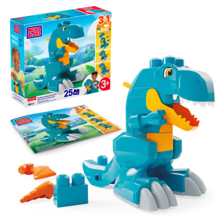 MEGA Bloks Fisher-Price Build & Chomp Dinosaur T-Rex Block Toy With Rolling Wheels (25 Pieces) For Kids - Imagen 1 de 